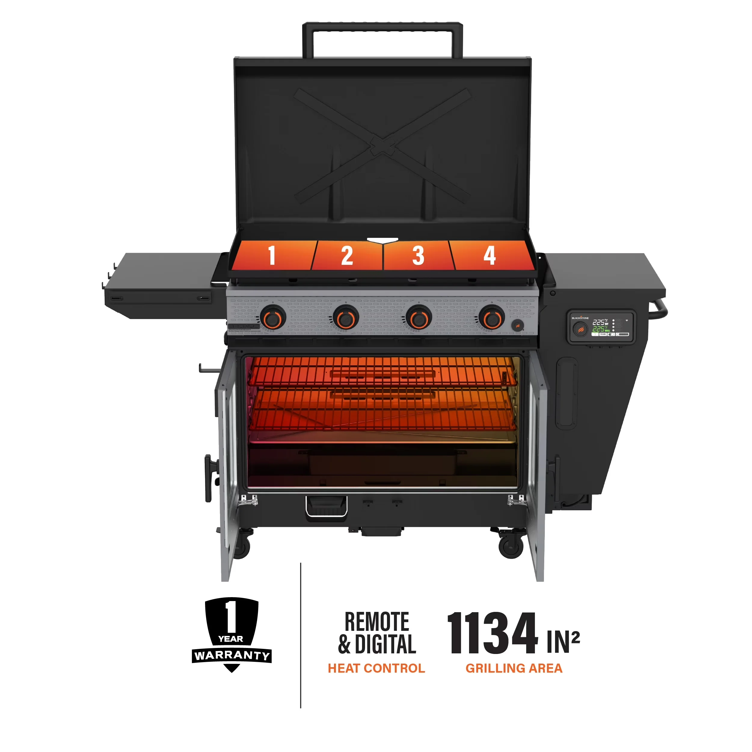 Innovative Flat Top Grill with Tool Holder, Removable Ash Catcher, Grease Pan - Steel Gray Model DE7B85