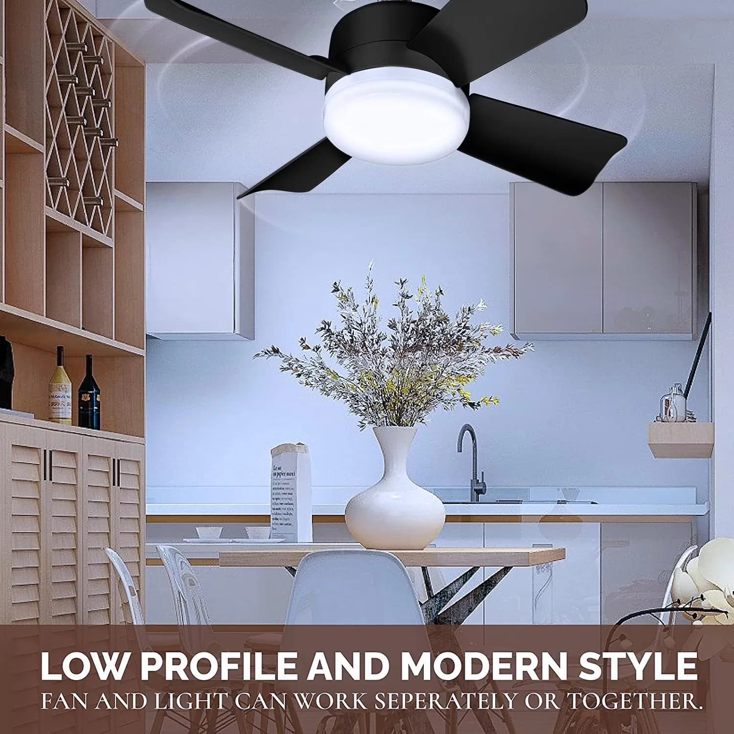 Compact Ceiling Fan with LED, Dimmable - Black for Living Room, Bedroom Model 05FDDF