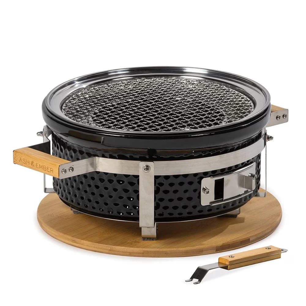 Innovative Flat Top Grill with Portable, Ceramic Charcoal - Ceramic,Stainless Steel,Bamboo Model 01E12C