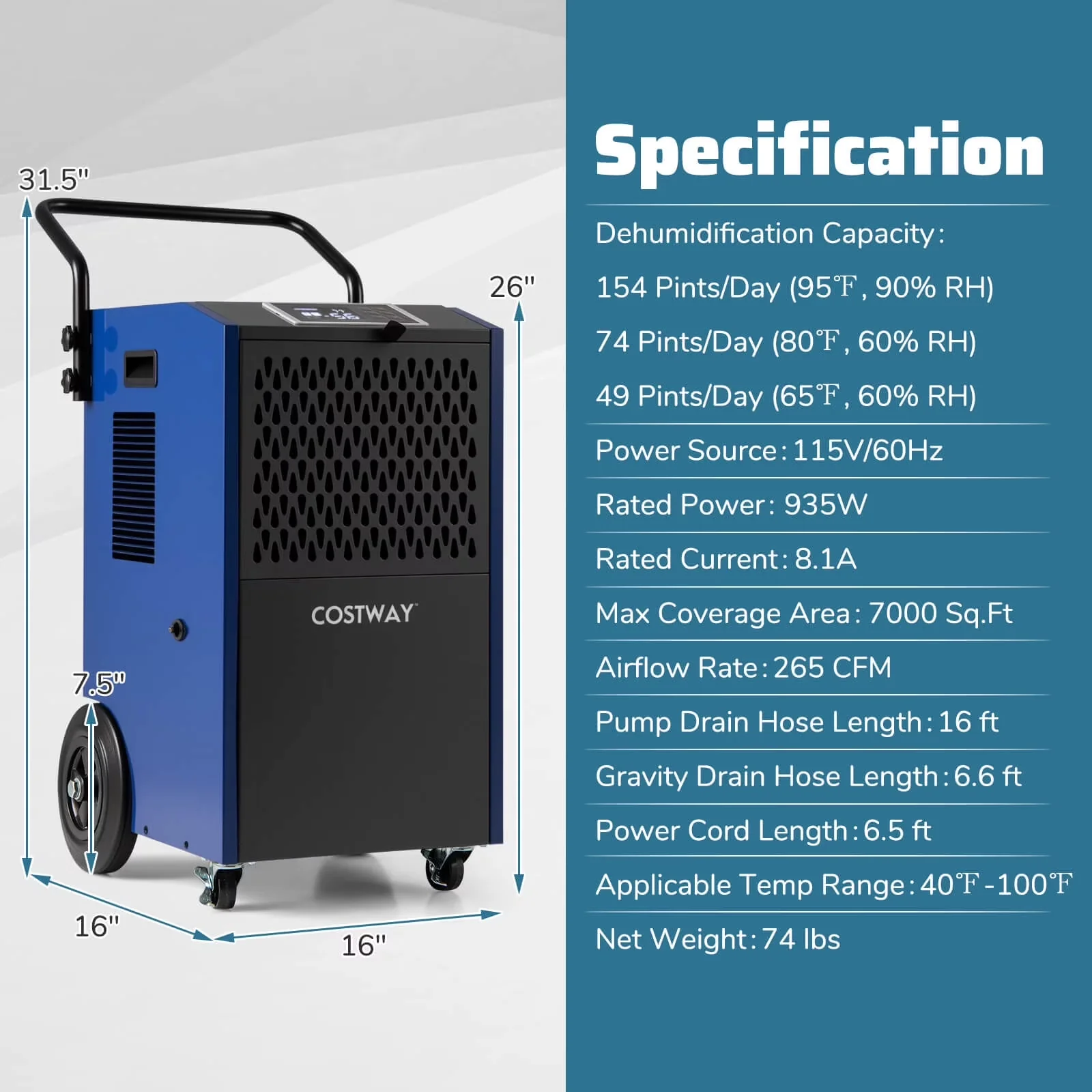 Innovative Dehumidifier with Automatic Defrost Control, Pump Drain Hoses - Blue Model 896AB9