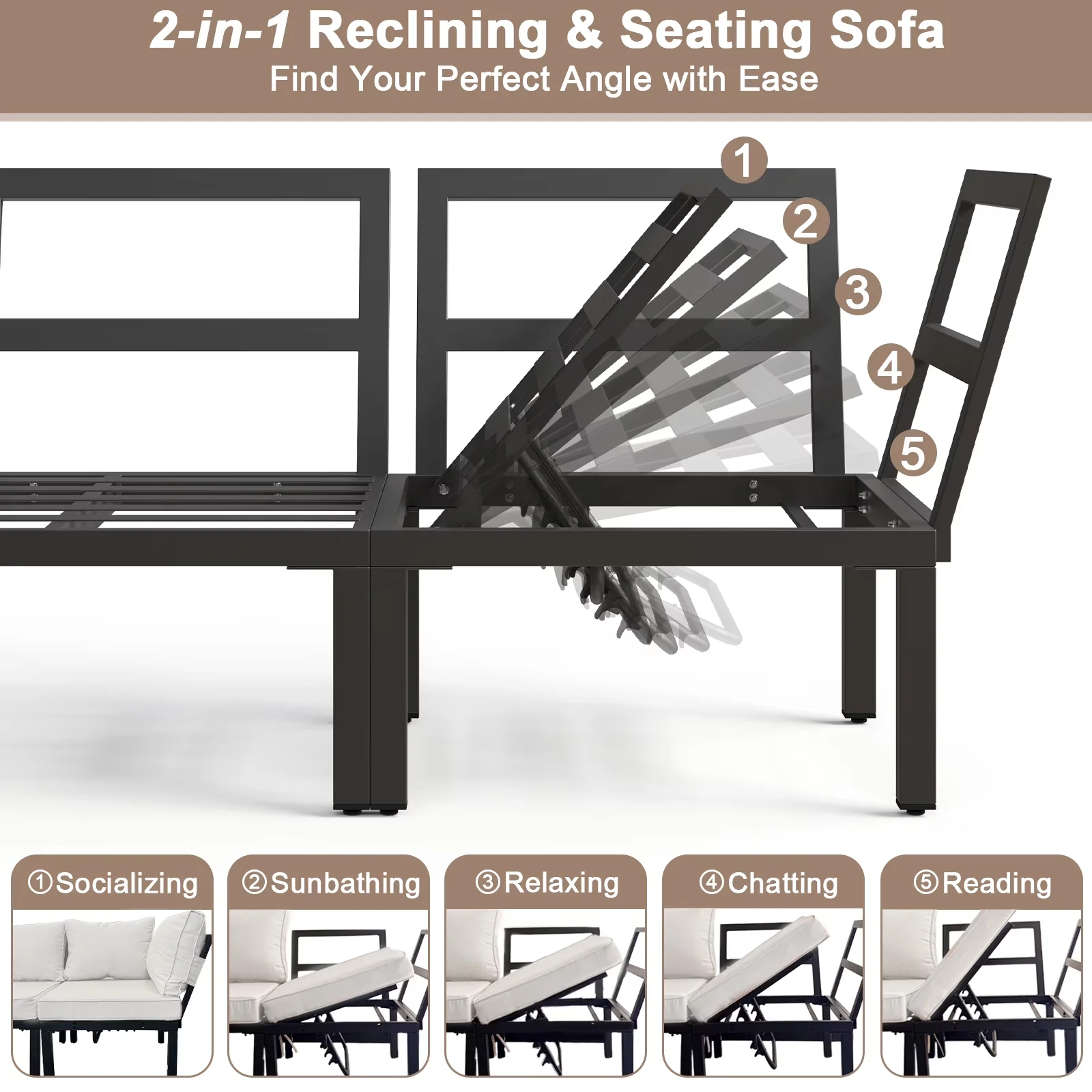 Compact Outdoor Sofas Sectional with Uv Resistant, Reclining - Metal, Fabric Beige Model 3CA54A