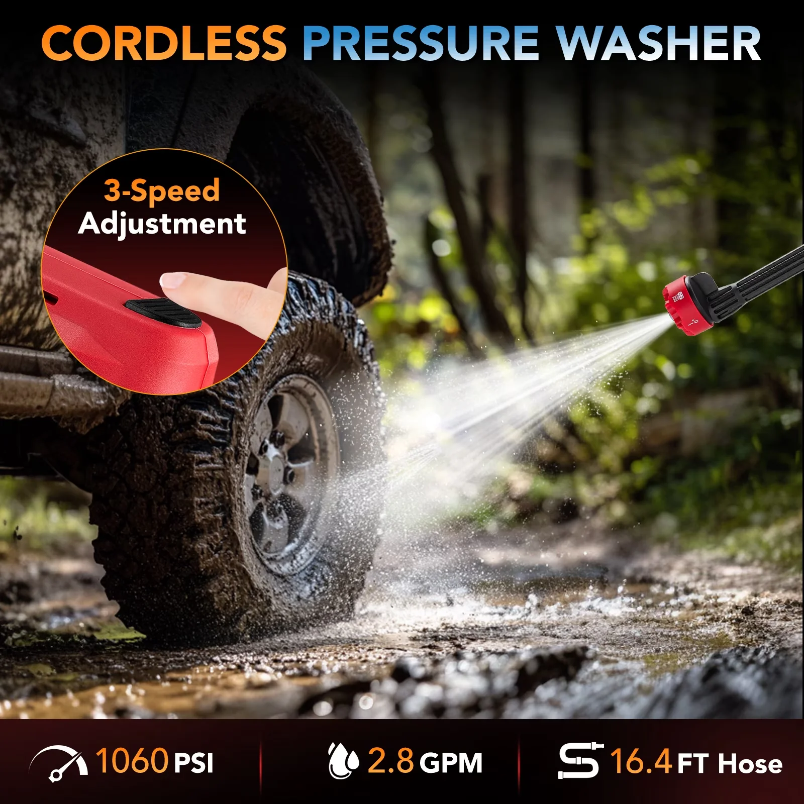 Pressure Washer Modern with Battery, Adjustable Wand, 1060 PSI Cordless for Car, Rv - Model C8243C