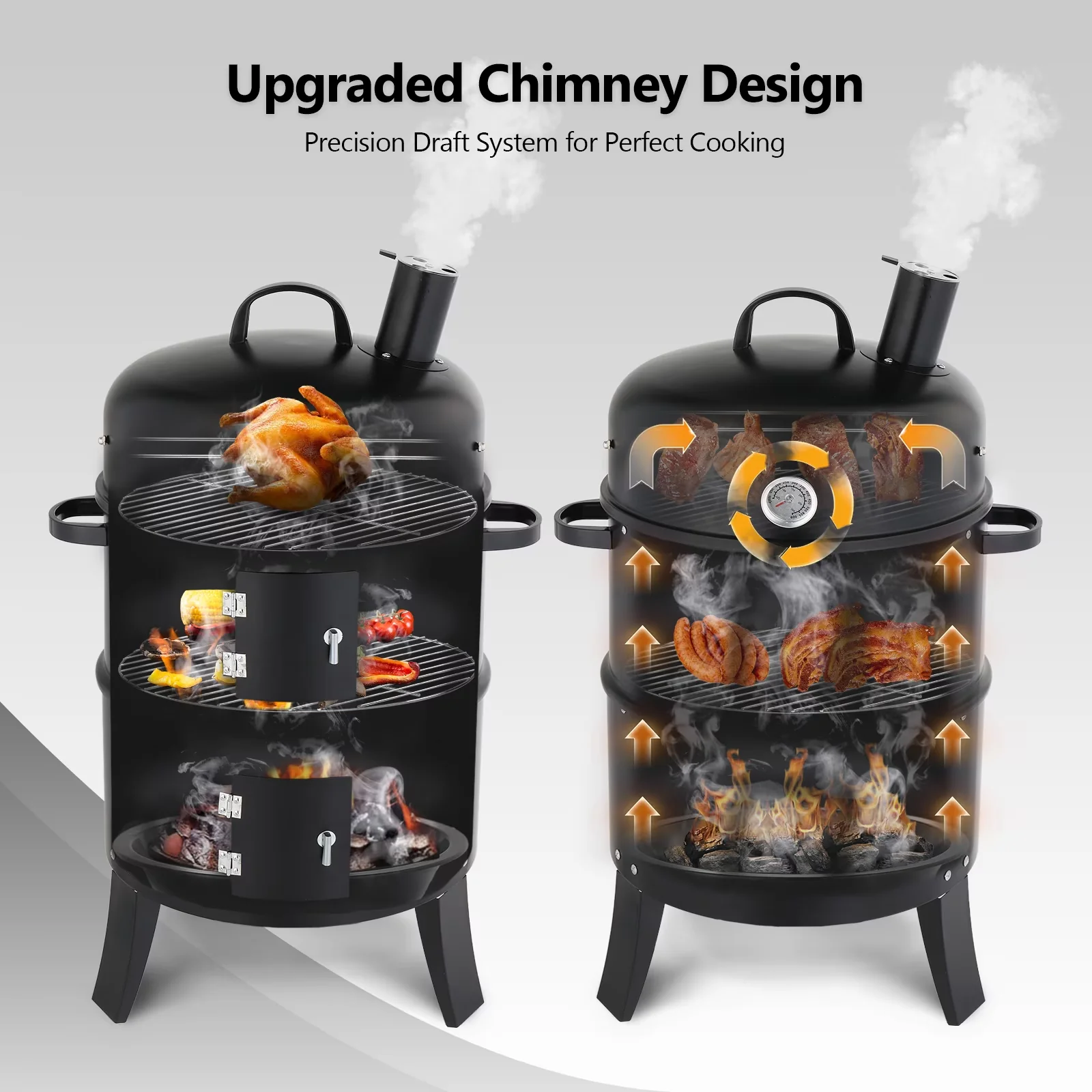 Quality Smoker with Chimney - Black Iron for Outdoor - Residential Grade Model 10ECCF