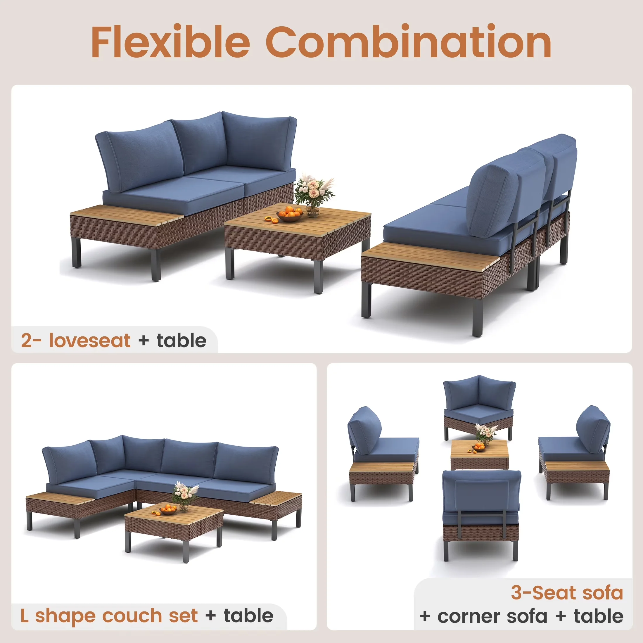 Outdoor Sofas Sectional Essential with Weatherproof, Art Deco, Patio Set - Blue Rattan for Garden Model 55D3C8