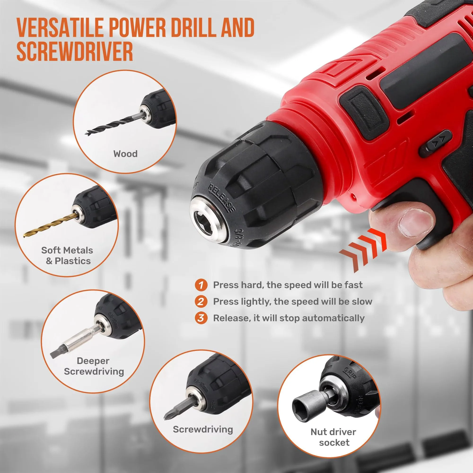 Premium Drills Driver with Battery, Ergonomic Design, 8v Cordless Drill Set & Starter Tool Kit - Red-47-Piece Model 2182BB