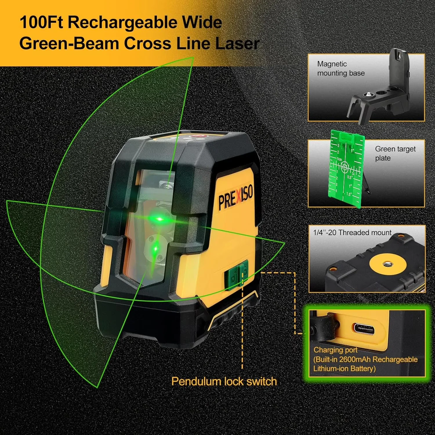 Modern Measuring Layout with Battery, Magnetic, 1 x Green cross laser level - Tpe Soft Rubber Yellow Model 1C0D31