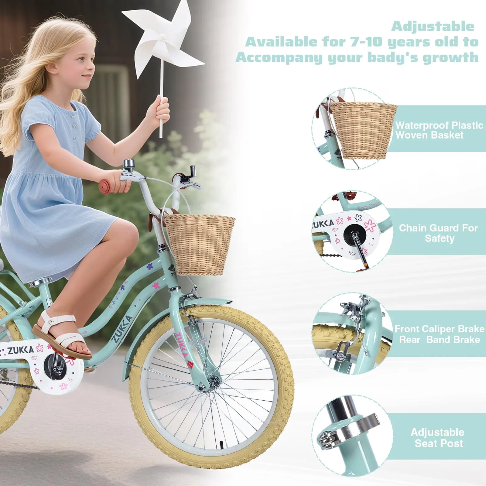 Stylish Cruiser Bike with Adjustable Seat Height, Woven Basket Rear Rack Single Speed - Green Model 3A686D
