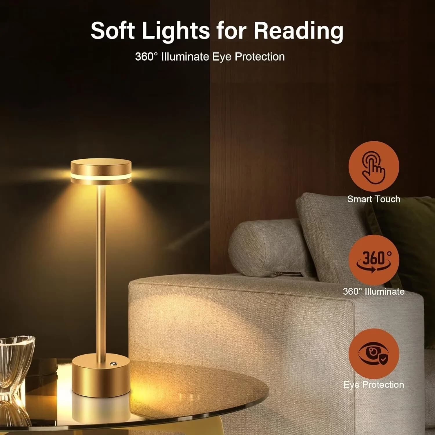 Compact Lamp Set with LED, Battery, Cordless Metal Desk - Aluminum Metal Gold Model D386AD