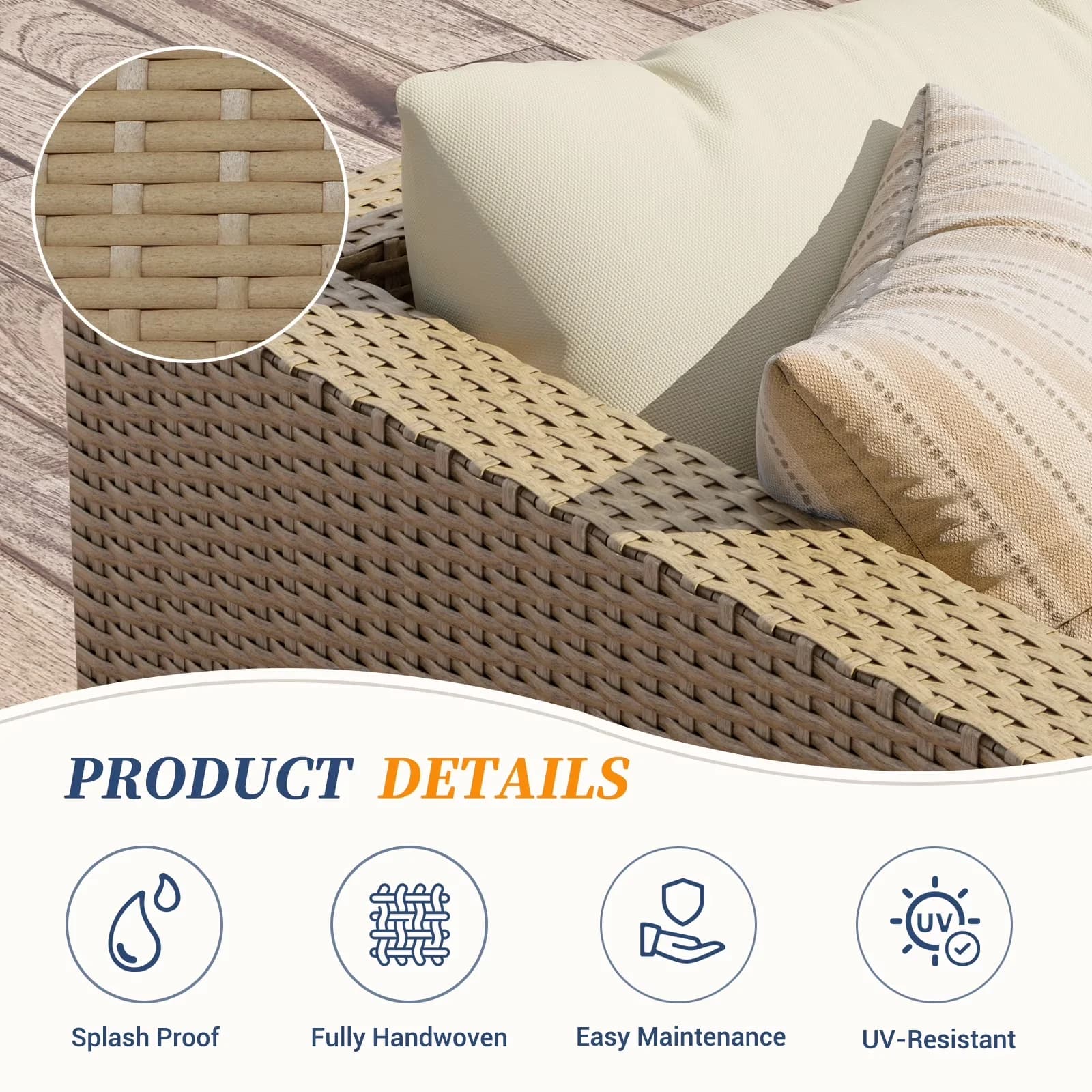 Durable Patio Conversation Set with Weatherproof, Table & Cushions, Beige - Yellow Pe Rattan Model 69F66E