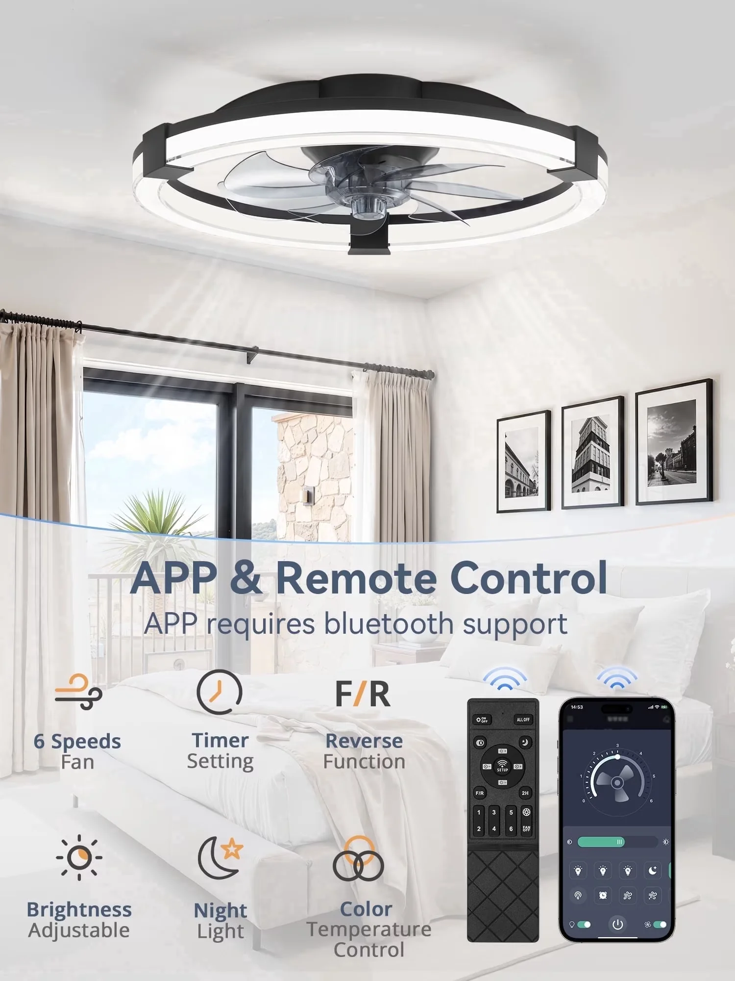 Ceiling Fan Essential with LED, Modern - Black for Living Room, Bedroom Model B8D9BC