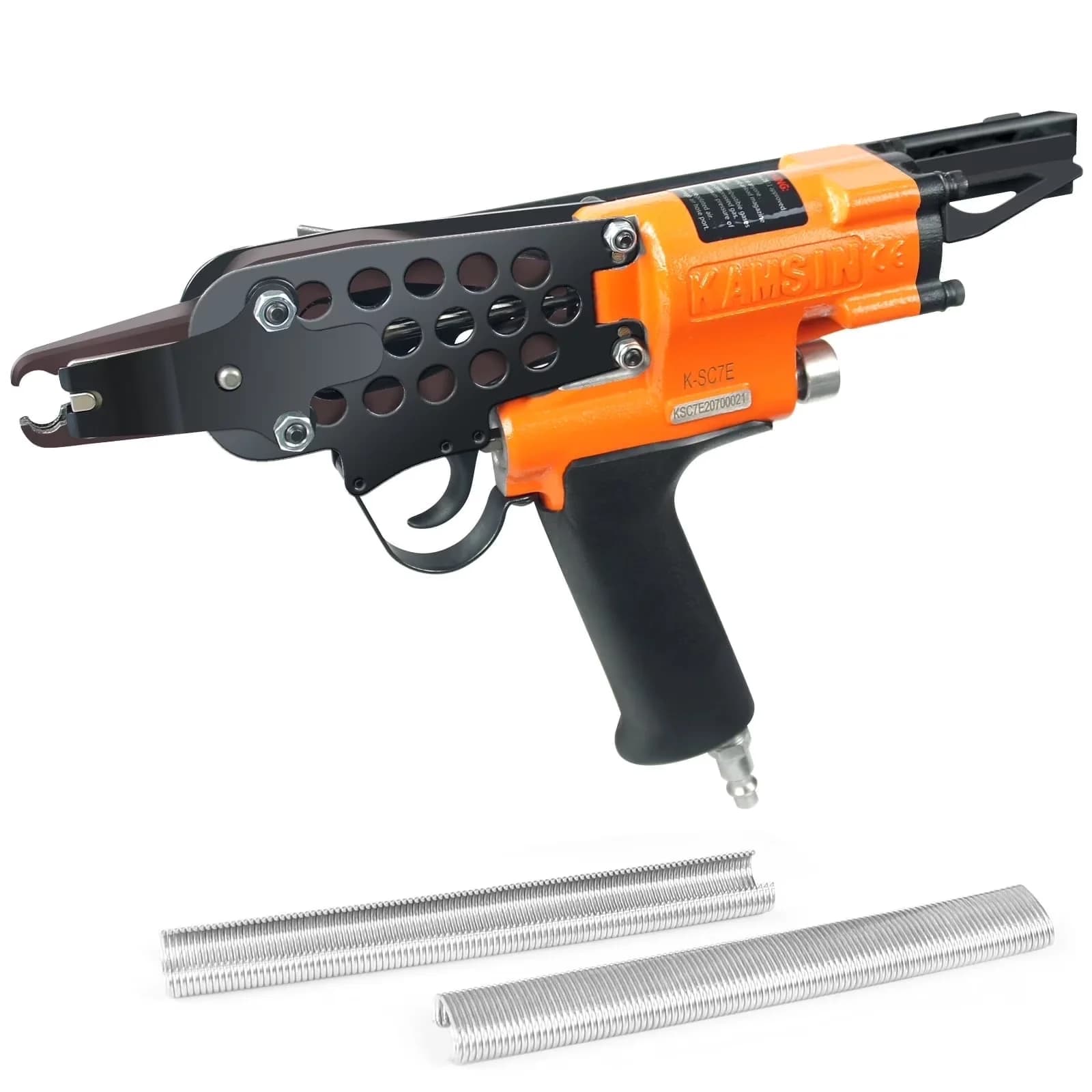 Sleek Air Tools Compressor with Lighted, 3/4'' Crown Professional C Ring Gun, K-SC7E 15 GA Pneumatic Hog Ring Tool - Orange Model E14536