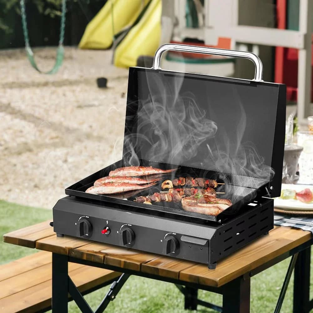 Professional Flat Top Grill with 30000 BTU, Grease Pan, Ceramic Coated Cast Iron Pan - Iron, Stainless Steel, Plastic Black for Outdoor Model EBCCED