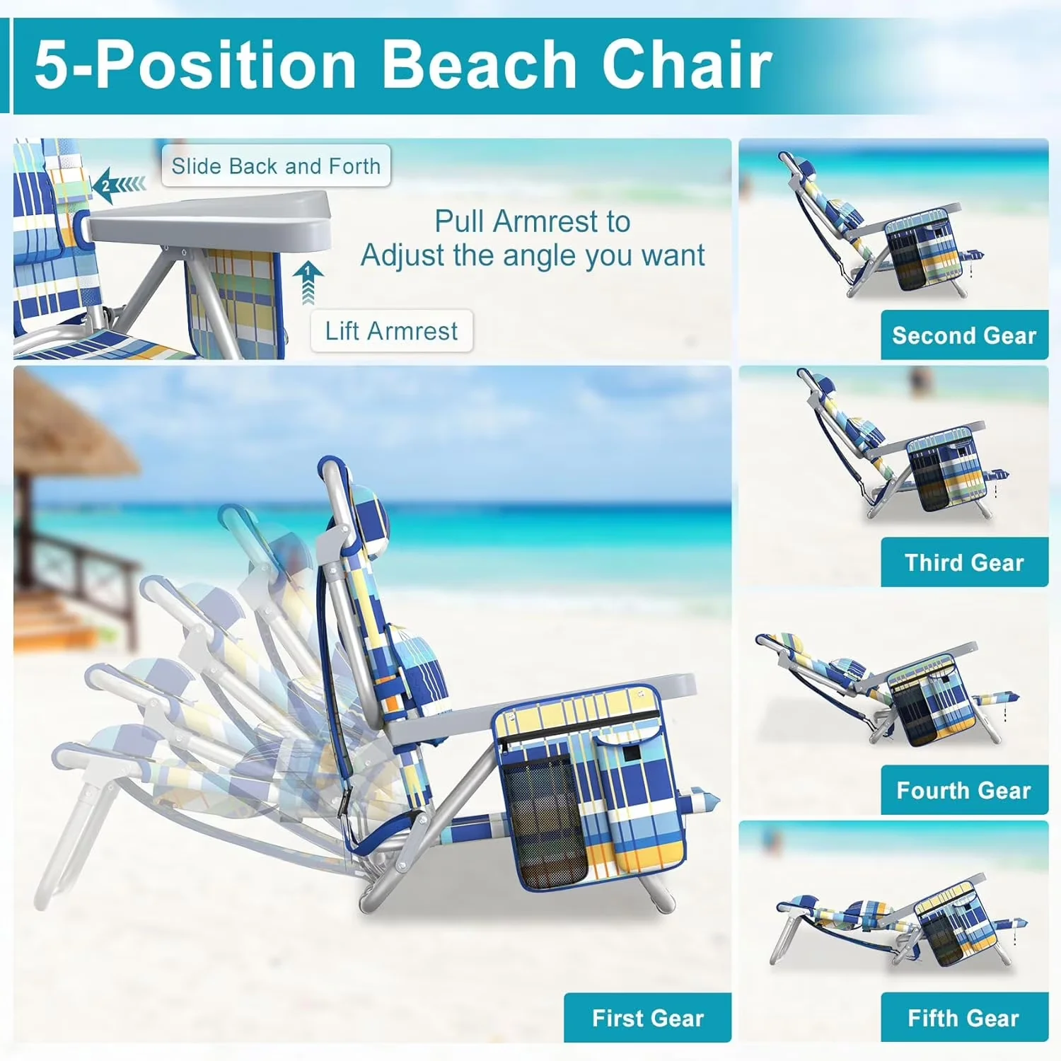 Essential Beach Chair with Weather-Resistant, Folding - Multicolor for Outdoor, Patio Model 6E6B70