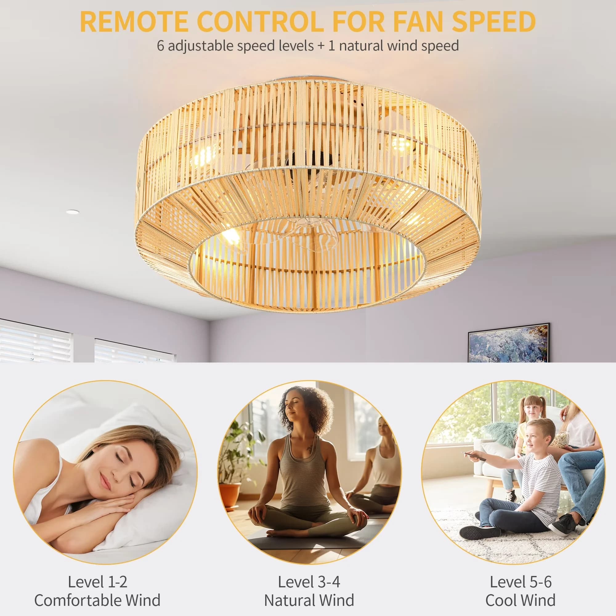 Stylish Ceiling Fan with Remote Controlled, Modern - Yellow for Living Room, Bedroom Model 8E908F