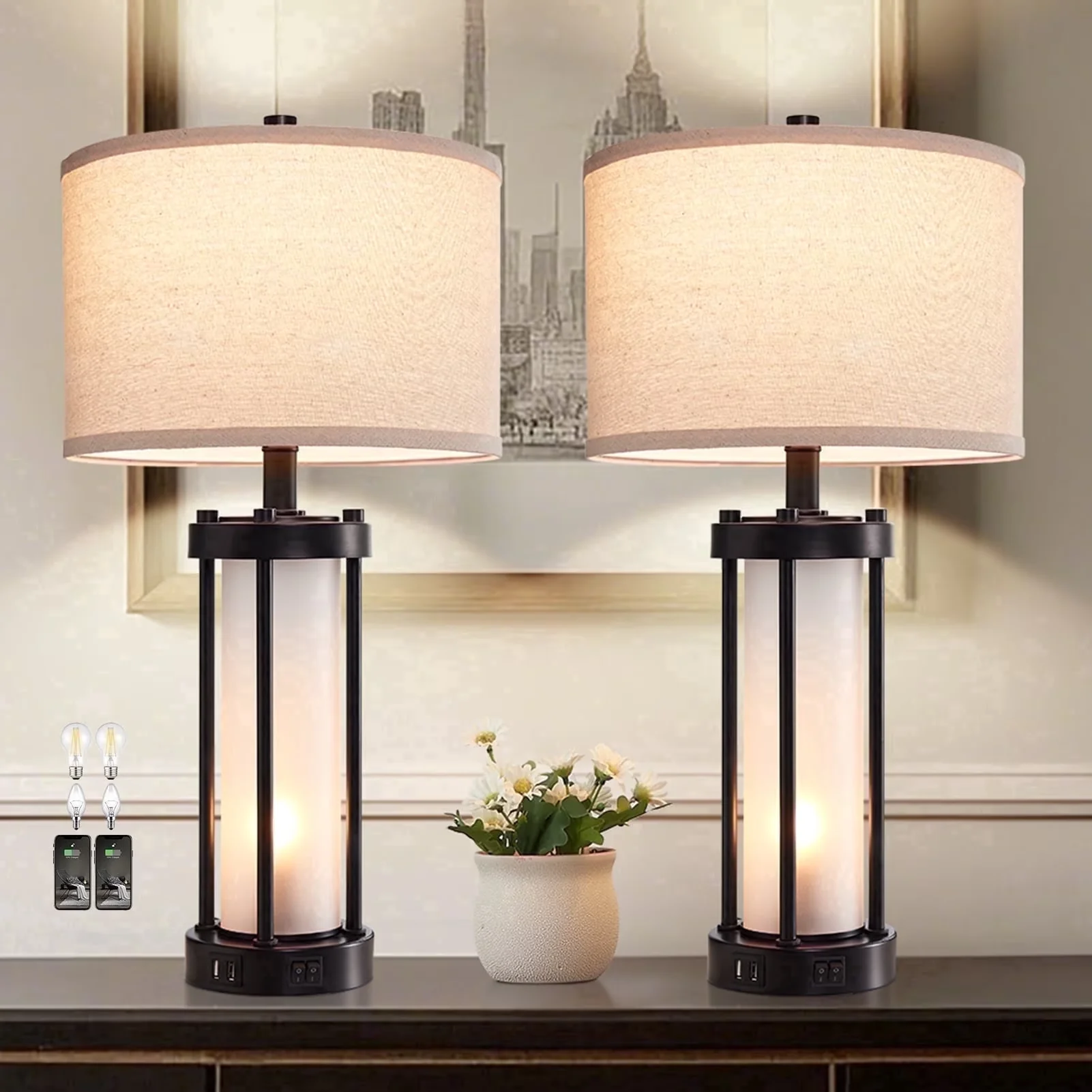 Efficient Table Lamp with LED, Power Outlet, Usb Port - Black Hardware, Glass for Bedroom Model 8124F6