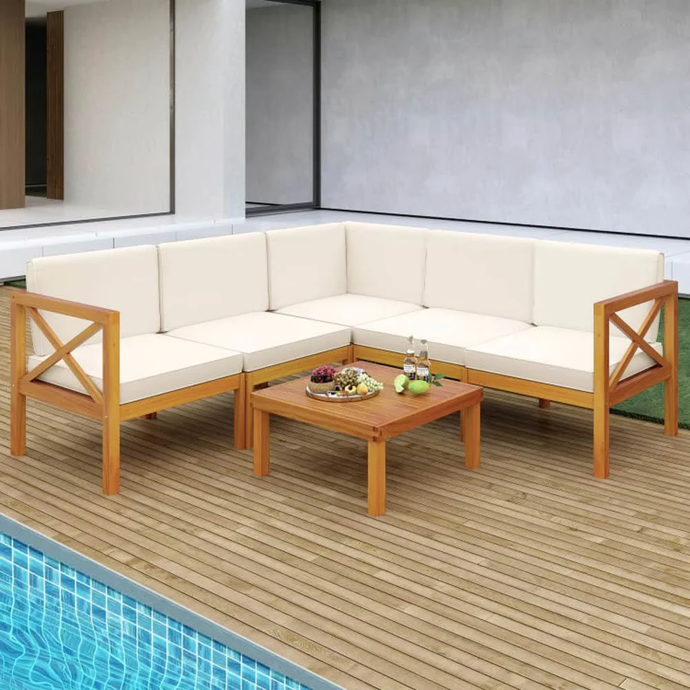 Outdoor Sofas Sectional Classic with Modern, Removable Cushion Cover - Off White Acacia Wood Polyester Sponge Model D2EE9D
