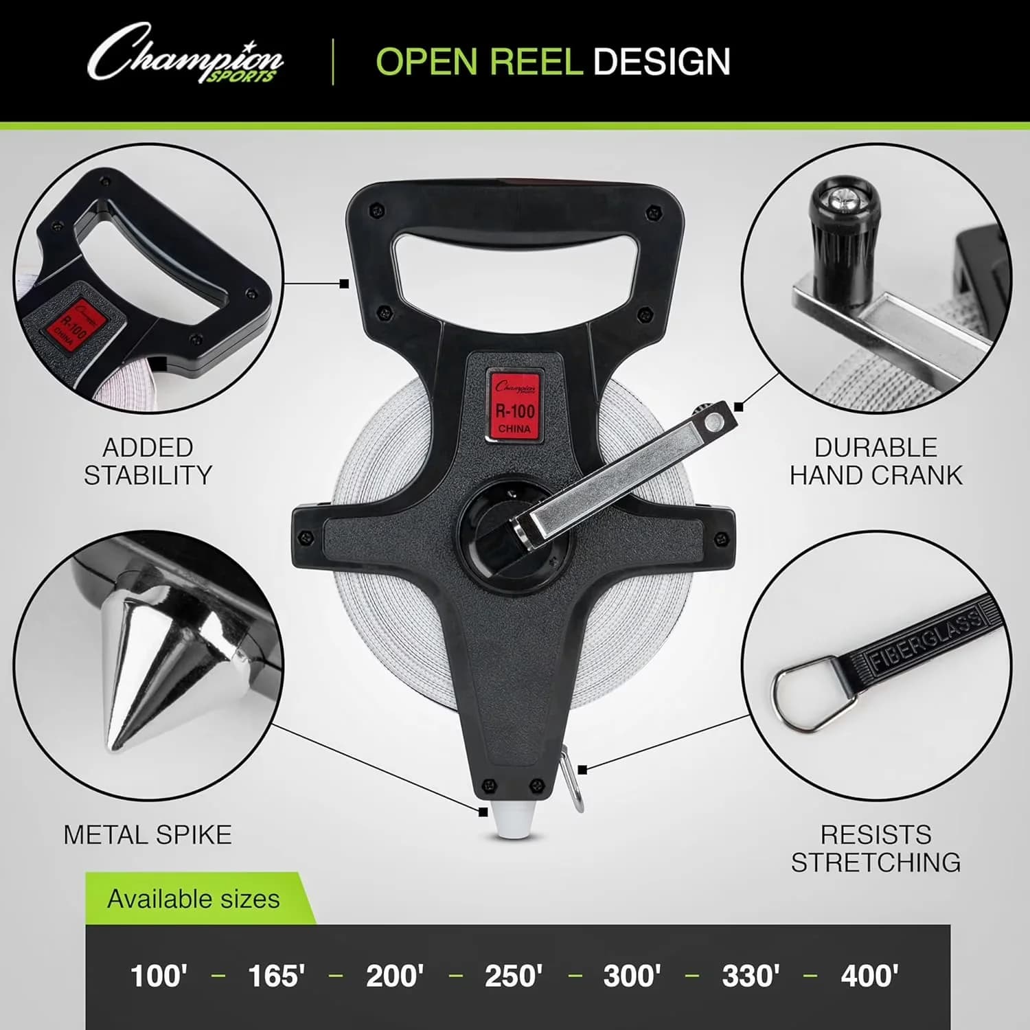 Quality Measuring Layout with Durable, Metal Spike - Black Fiberglass Tape, Plastic Reel, Metal Spike Model 2EA709