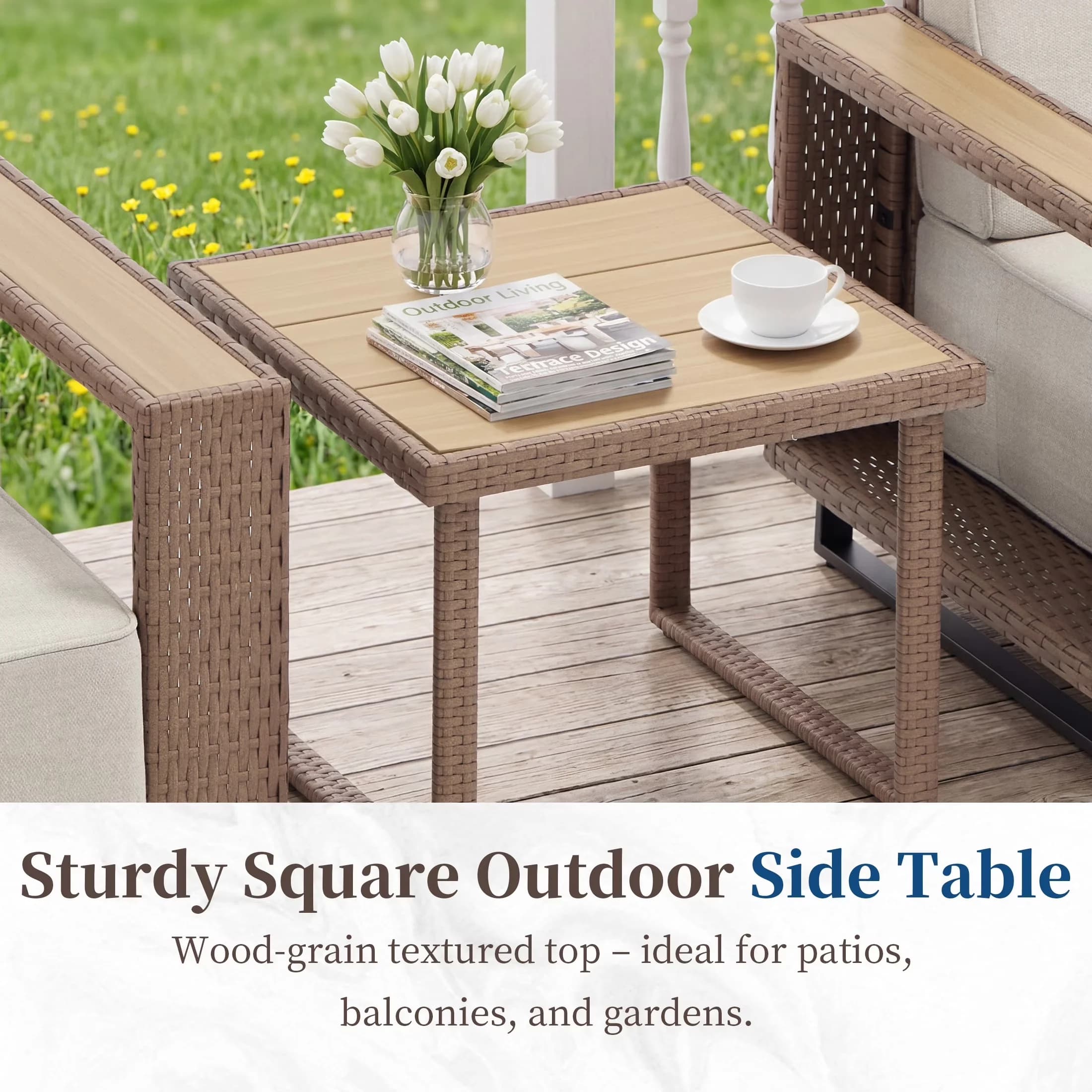Premium Outdoor Sofas Sectional with Farmhouse, Beige, Thick Cushions and Square Coffee Table - Fabric Beige Model 49D687