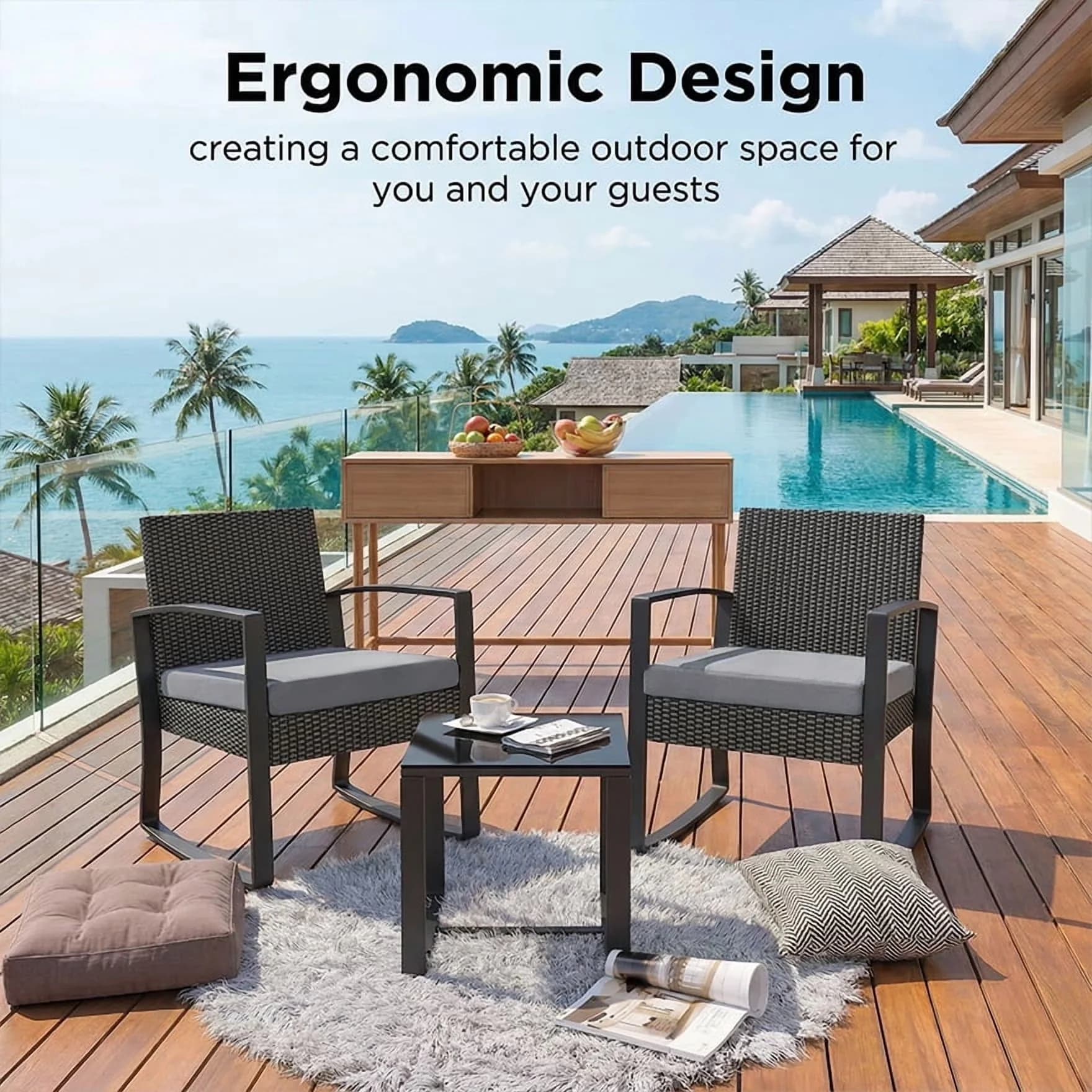 Stylish Patio Dining Set with Waterproof, 3 PCS Outdoor Rocking Chairs, Furniture - Gray Pe Wicker, Steel, Sponge, Tempered Glass for... Model 15F587