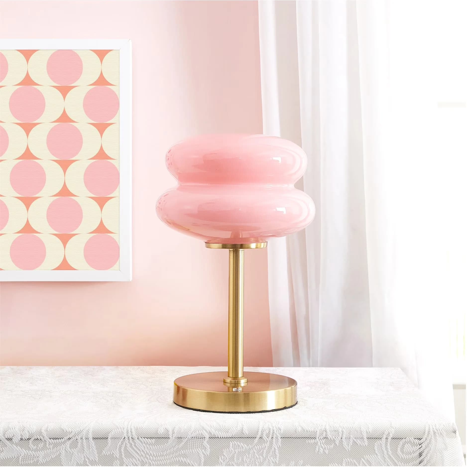 Essential Lamp with LED, Battery, Pink Double Bubble Glass Table - Pink Iron Model 5603E0