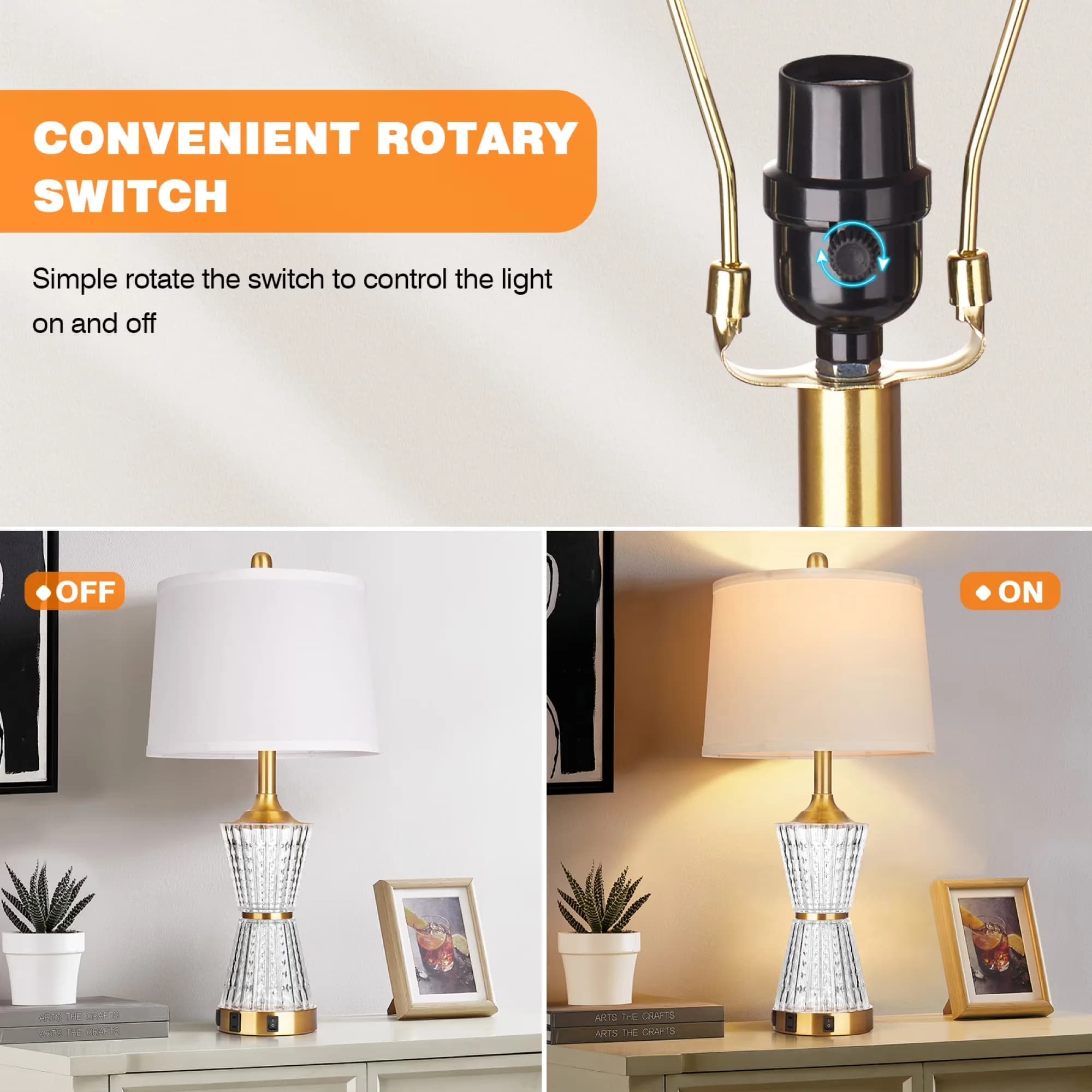 Stylish Lamp Set with LED, Bedside Lamps, Usb Port - Acrylic Gold 2in1 Model 74DF43