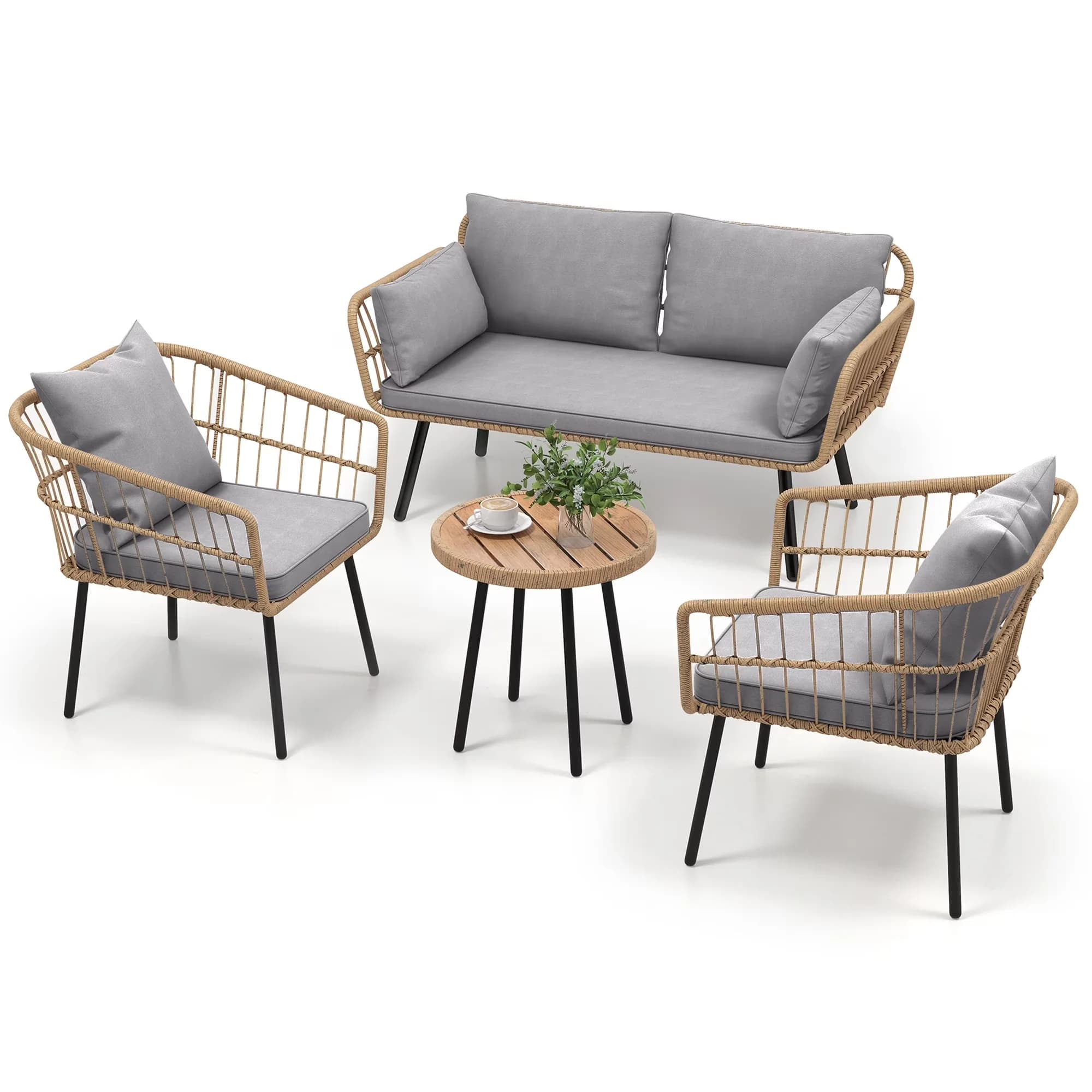 Durable Outdoor Sofas Sectional with Weatherproof, 4 Pieces Patio Conversation Set, Patio Furniture Set of Rattan Bistro Set - Gray... Model 2234AF