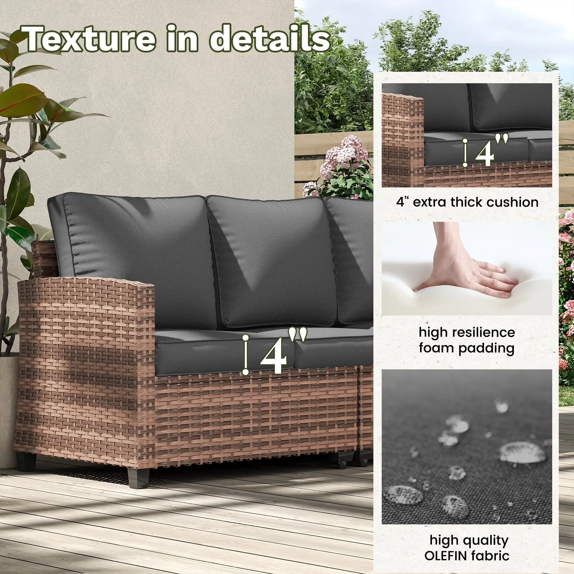 Professional Patio Conversation Set with Weatherproof, Black Wicker Rattan Sofa, 44" Fire Pit Table - Pe Wicker Gray for Garden Model 515E31