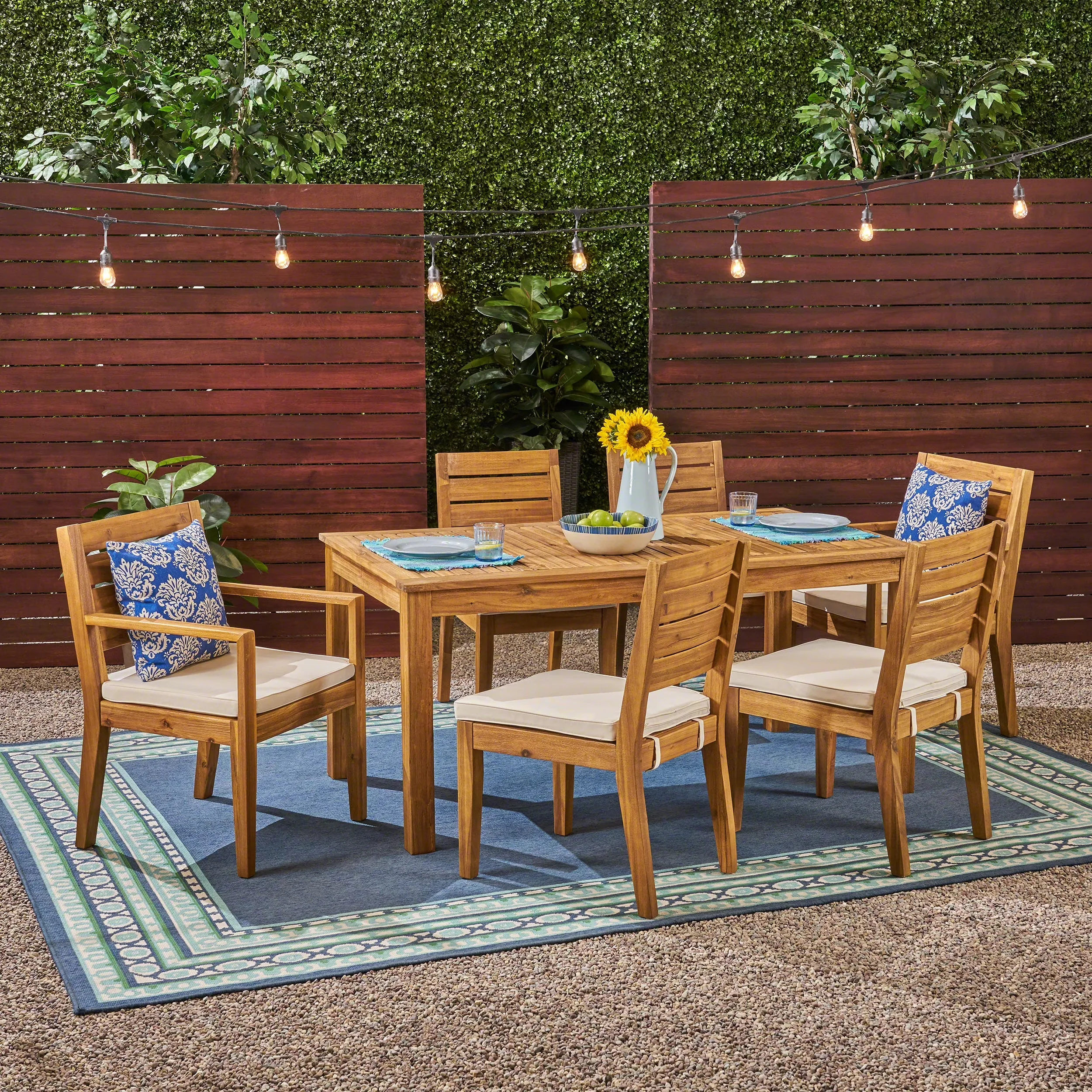 Quality Patio Dining Set with Transitional, Expandable - Off-White Acacia Wood/Water Resistant Fabric Model C5E6A3