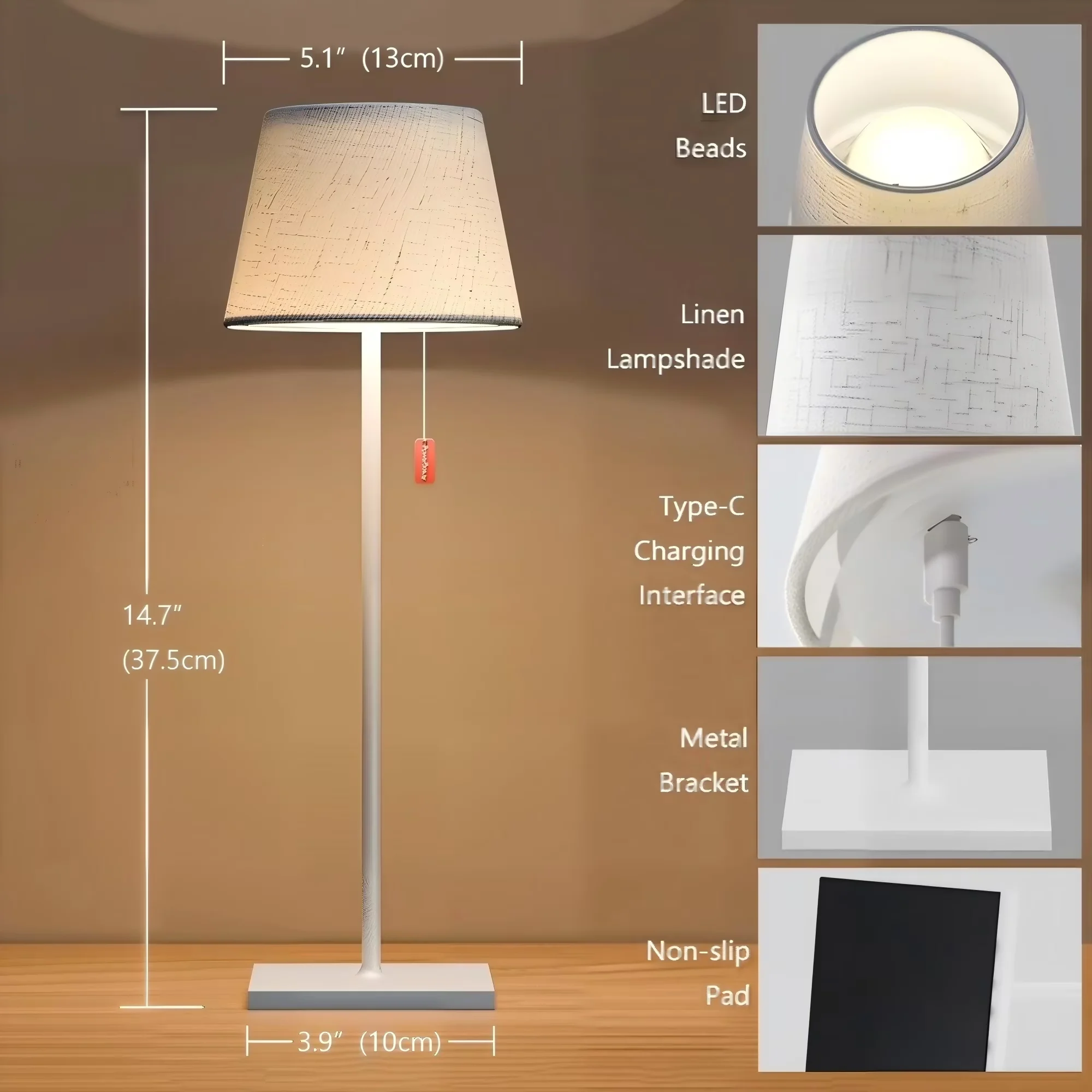 Professional Lamp with LED, Battery, 15" Portable LED Table Rechargeable - White Metal, Linen Model 41B6C8