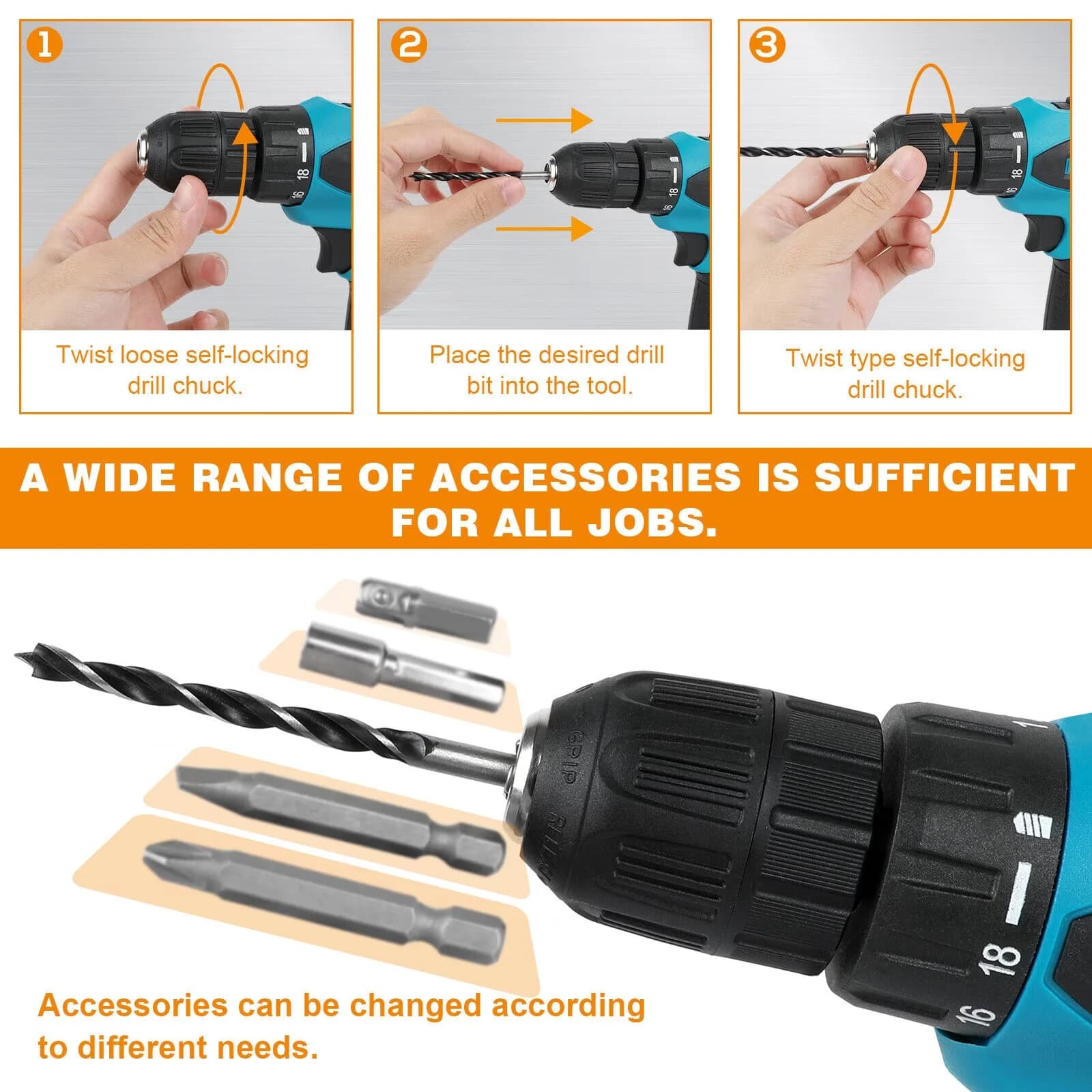 Drills Driver Durable with Battery, LED, Cordless Drill Set - Blue 1.7 lbs for Home Model 4CB2B7