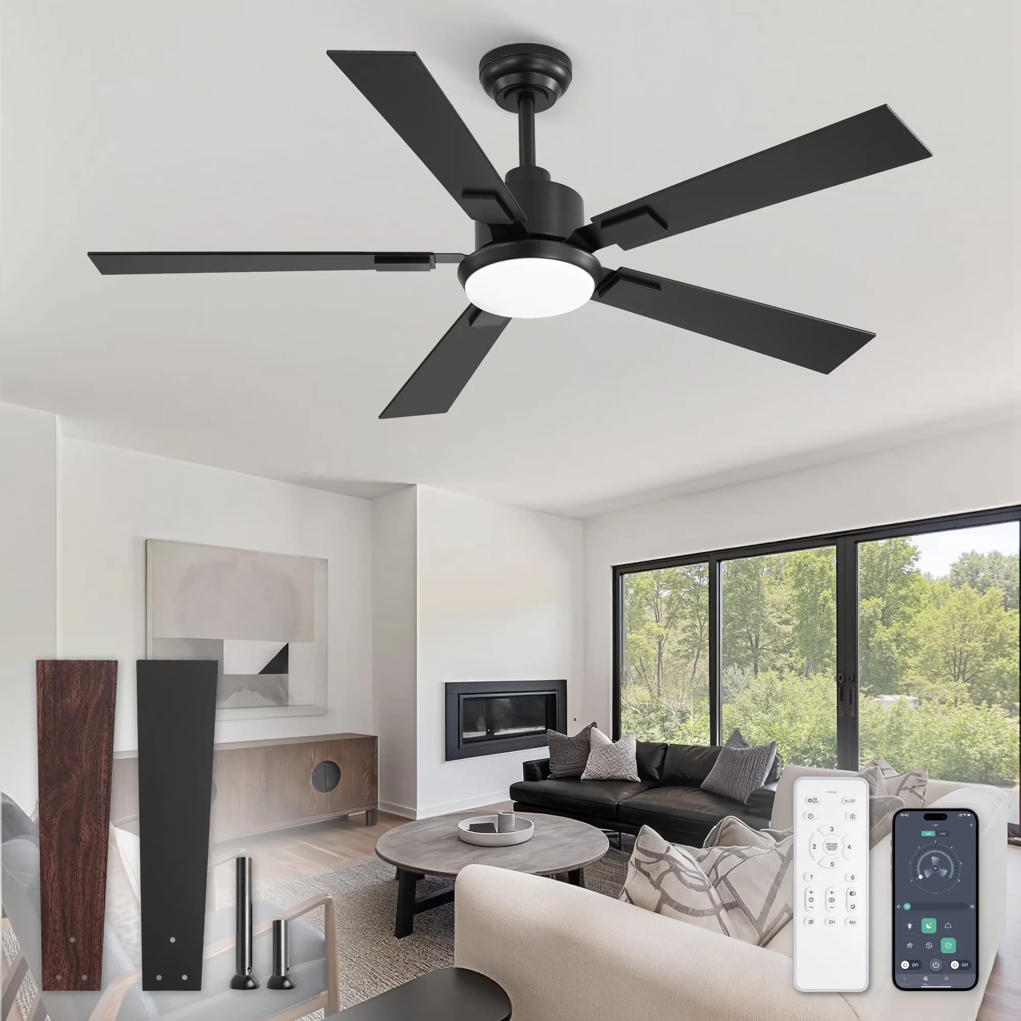 Innovative Ceiling Fan with LED, Bluetooth Compatible, 52 Inch Modern - Plastic Black Model D4CB61