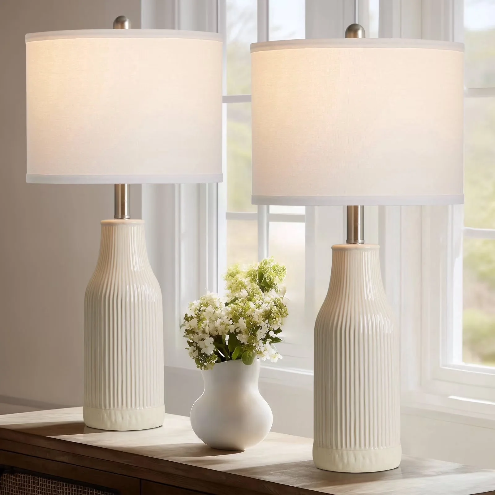 Lamp Set Versatile with LED, Farmhouse - White Ceramic for Living Room, Bedroom Model B2D618