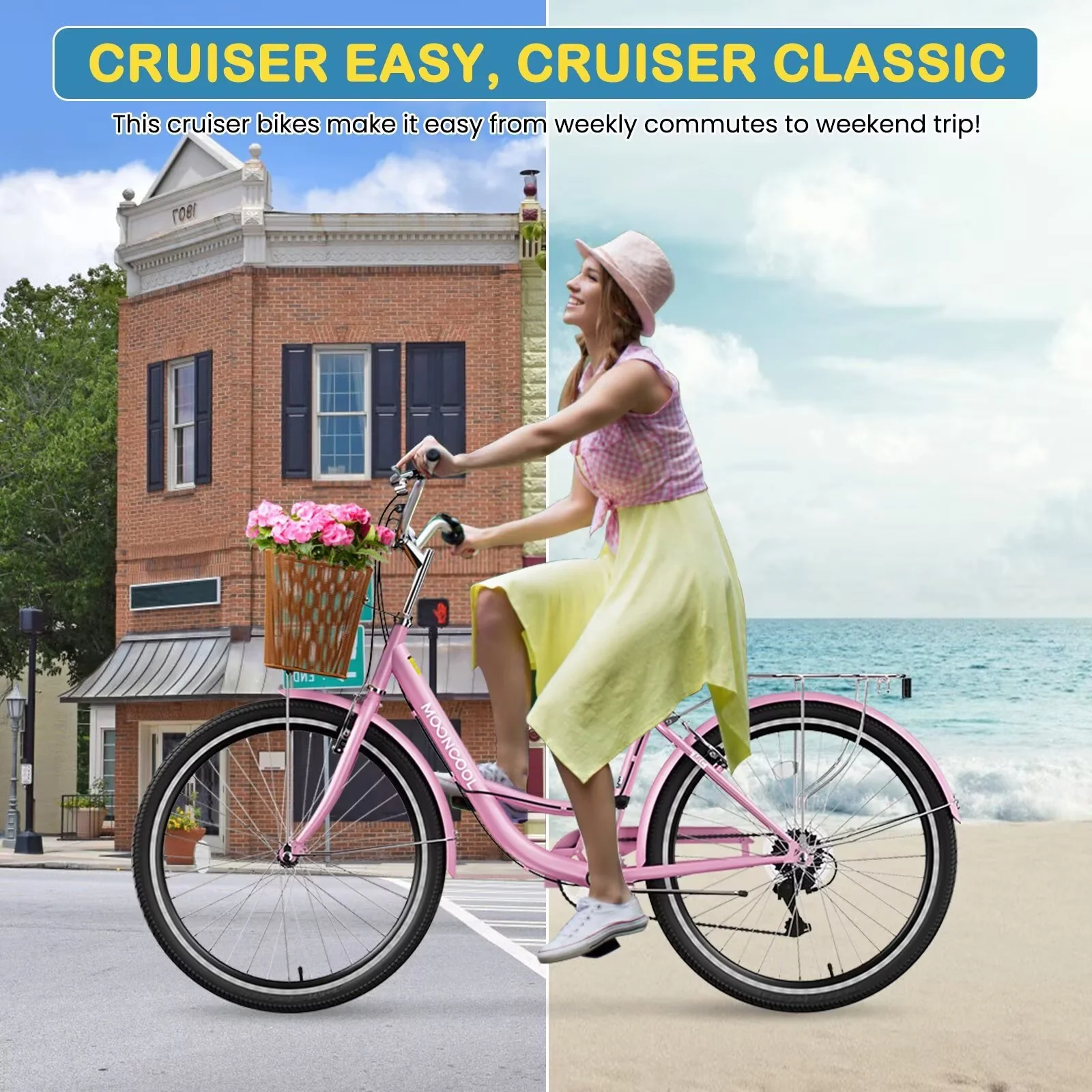 Compact Cruiser Bike with Battery, Adjustable Seat Height, Adjustable Speed - Pink Model B740F9