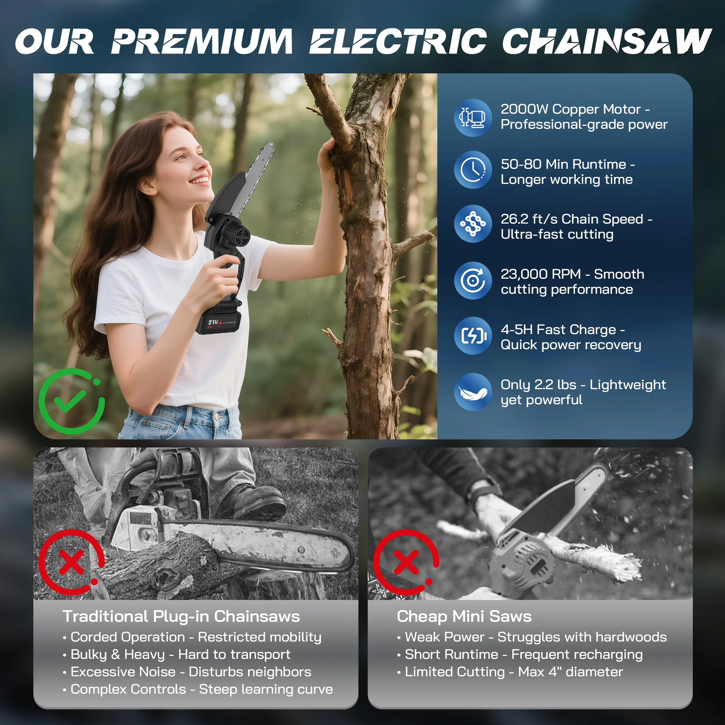 Chainsaw Durable with Battery, 21V, 8" Cordless Mini for Daily Use - Model AD1D06