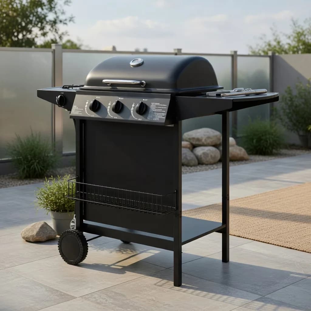 Gas Grill Efficient with 39000 BTU - Black Metal, Stainless Steel for Patio Model ACA1F5