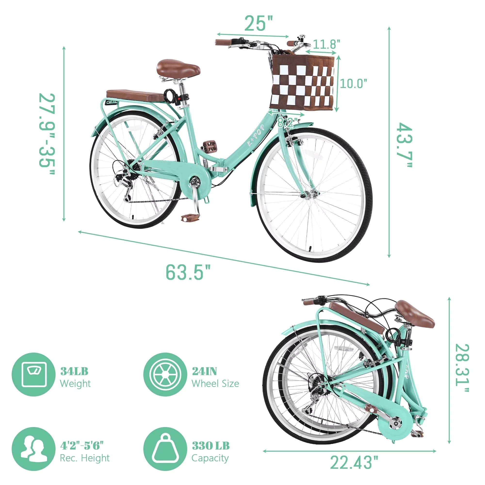 Cruiser Bike Reliable with Adjustable Seat Height, Adjustable Height, Foldable - Green Model 57EC8E