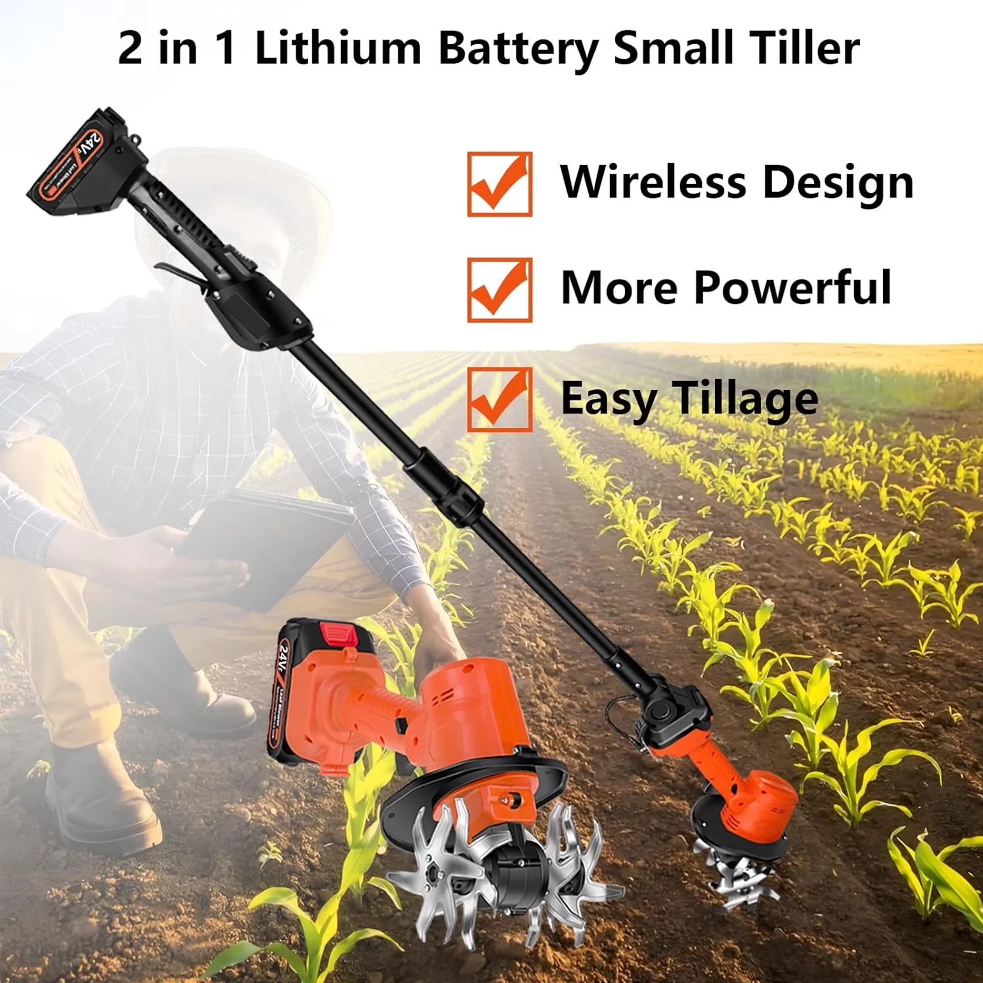 Versatile Trillers Cultivator with Battery, 24V, 24V Cordless Electric Tiller for Garden - Model 4AD336