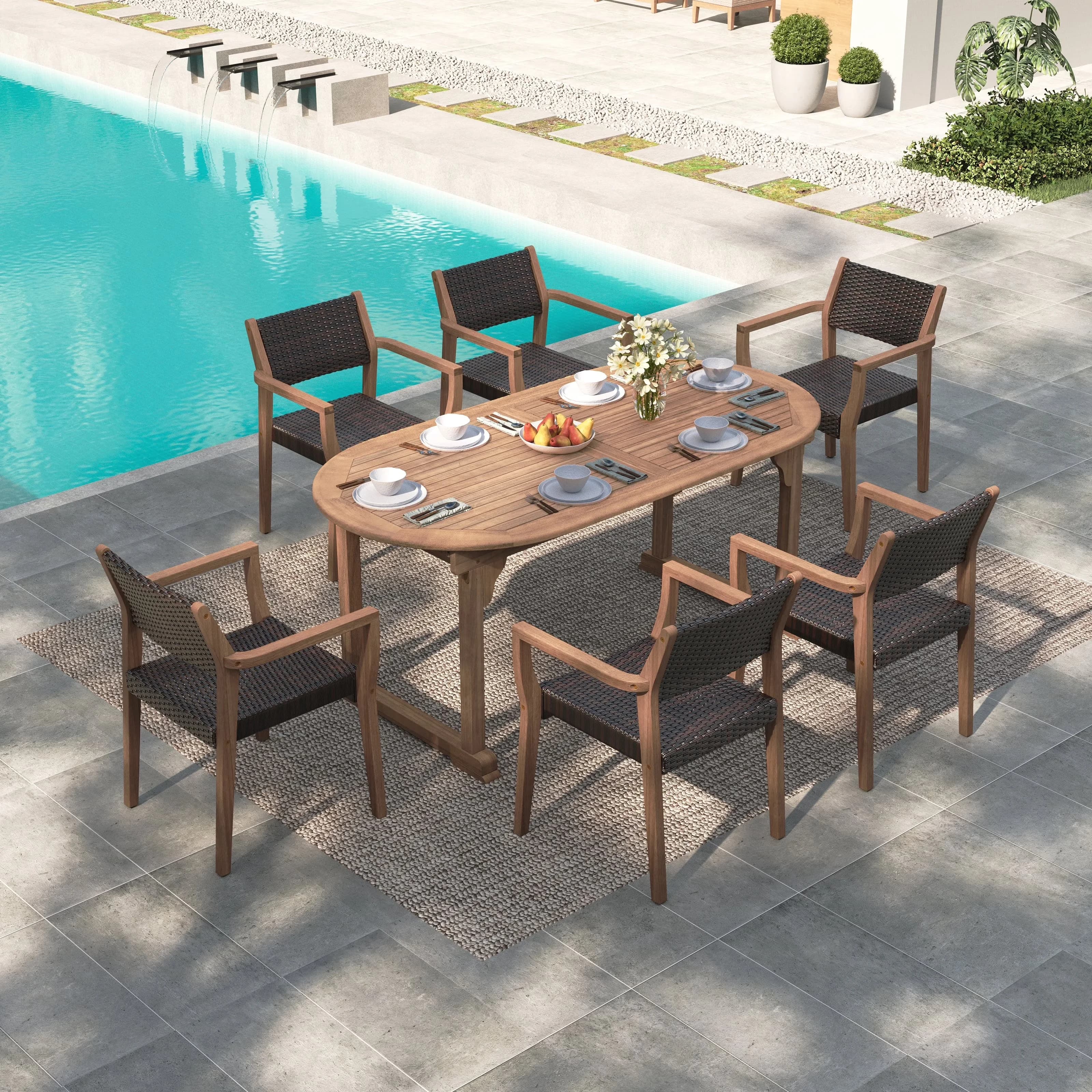 Reliable Patio Dining Set with Weatherproof, Extendable Table and Rattan Chair, 9-Piece Acacia Wood Outdoor - Wood And Rattan Brown Model 70392D