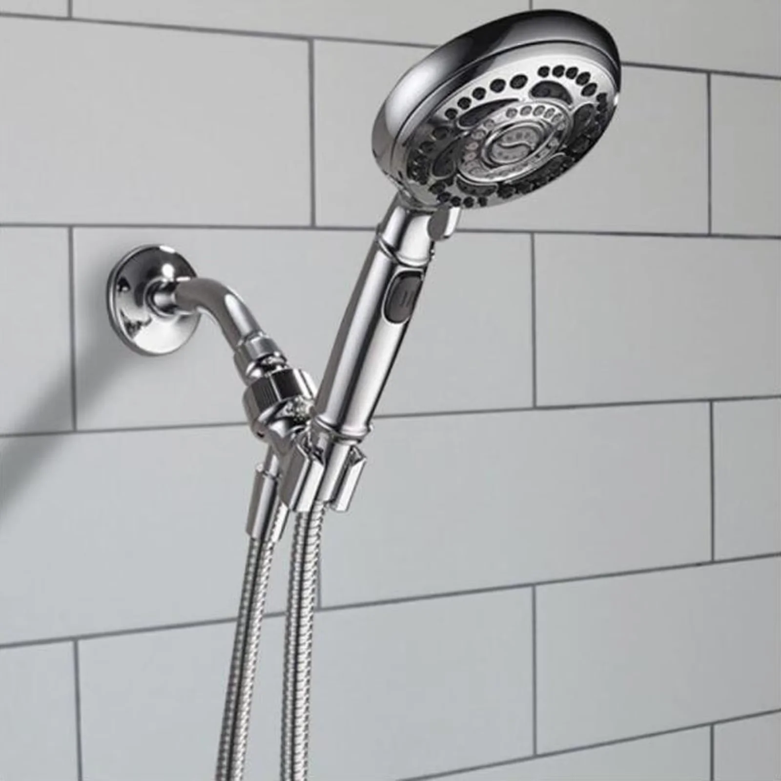 Essential Shower Head with Arm Holder Mount, Adjustable Wand Holder, Brass Pivoting Ball - Silver Plastic Model 73B056