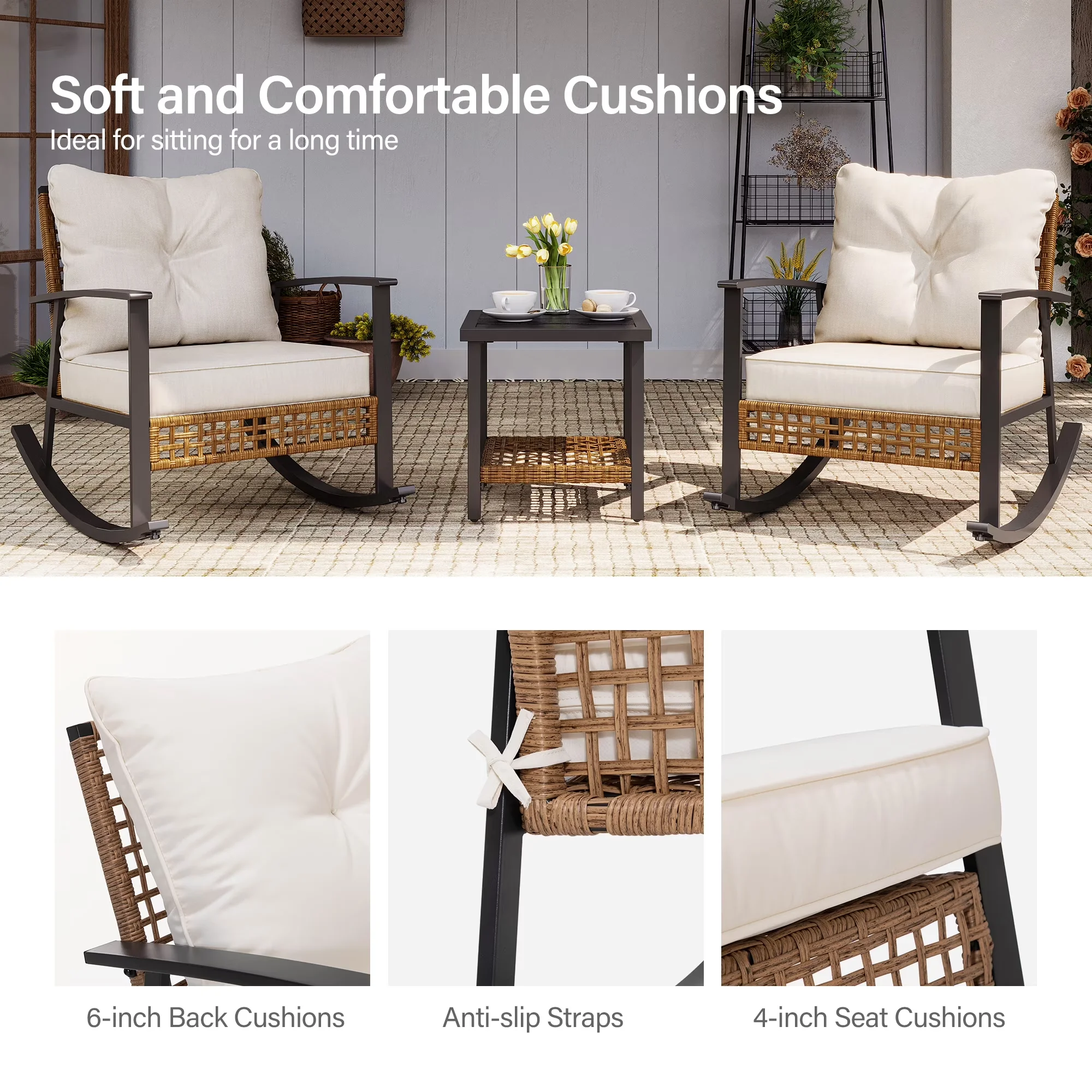 Patio Conversation Set Efficient with 2-Tier Coffee Table, 3 Pieces Outdoor, Beige Cushions - Wicker, Steel Model 8DD599