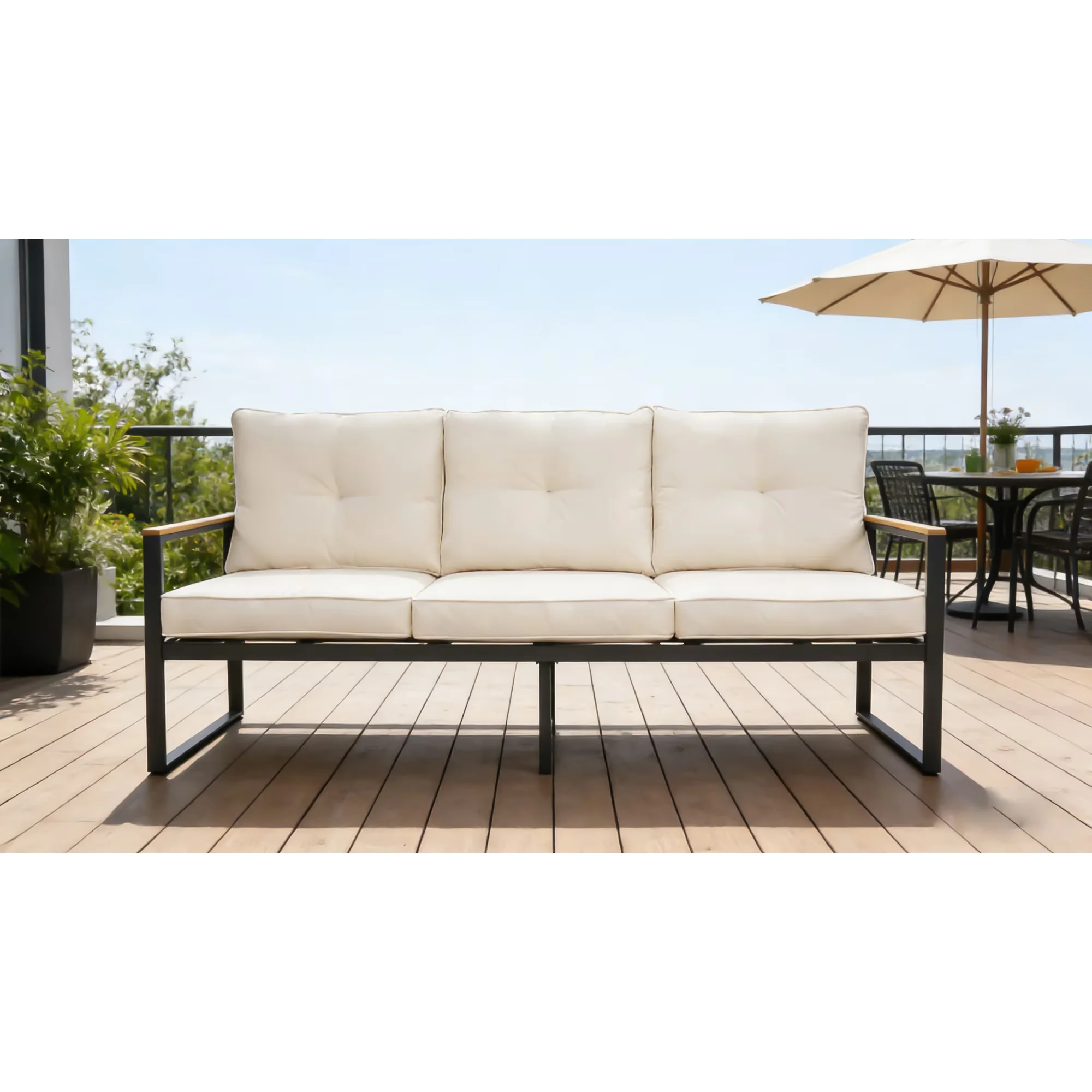 Innovative Patio Conversation Set with Metal 3-Seat Couch, Thick Cushions - Beige Steel for Garden Model 4F03EE