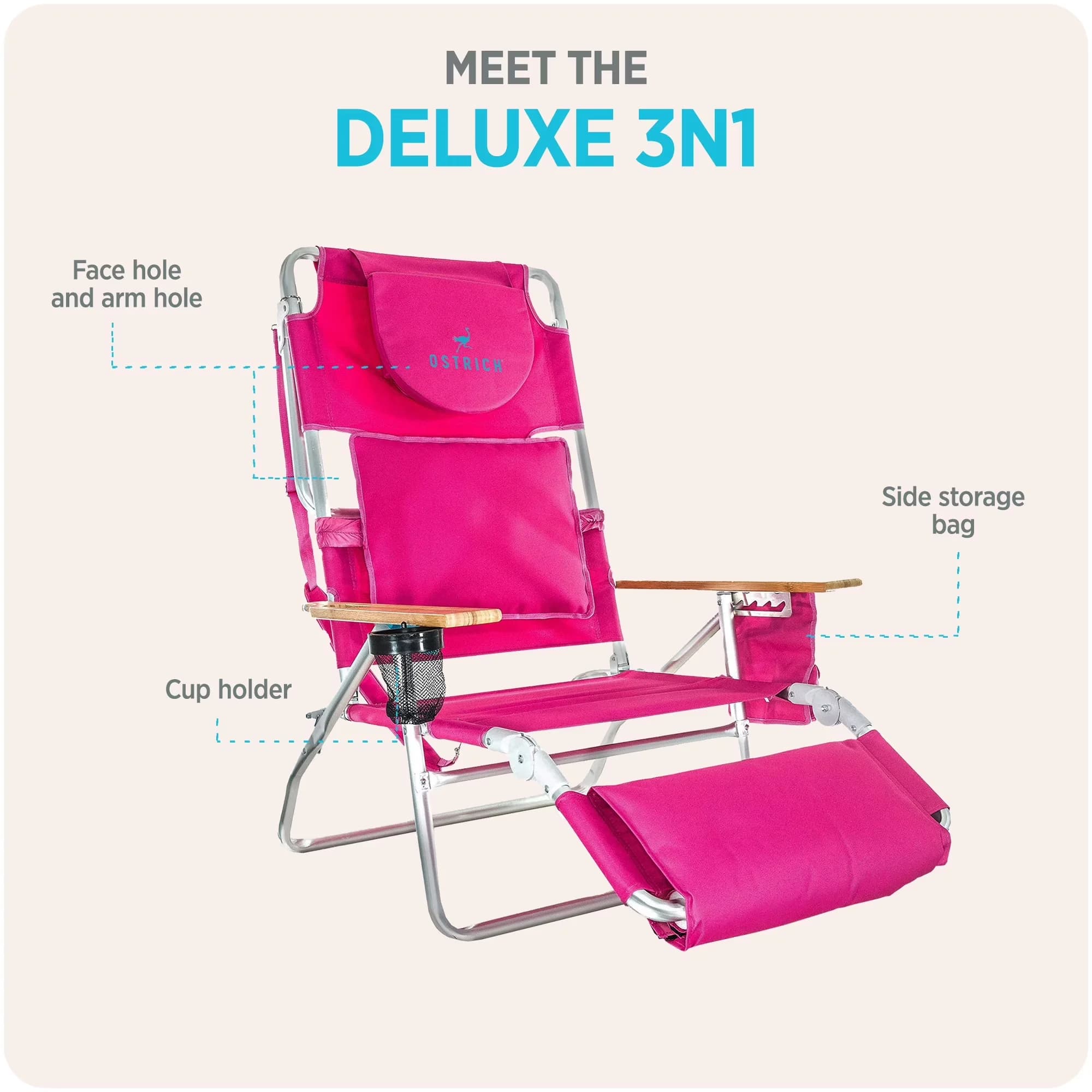 Beach Chair Modern with Folding, Footrest, Pink - Pink 3N1 - Standard Series Model 6FBA87