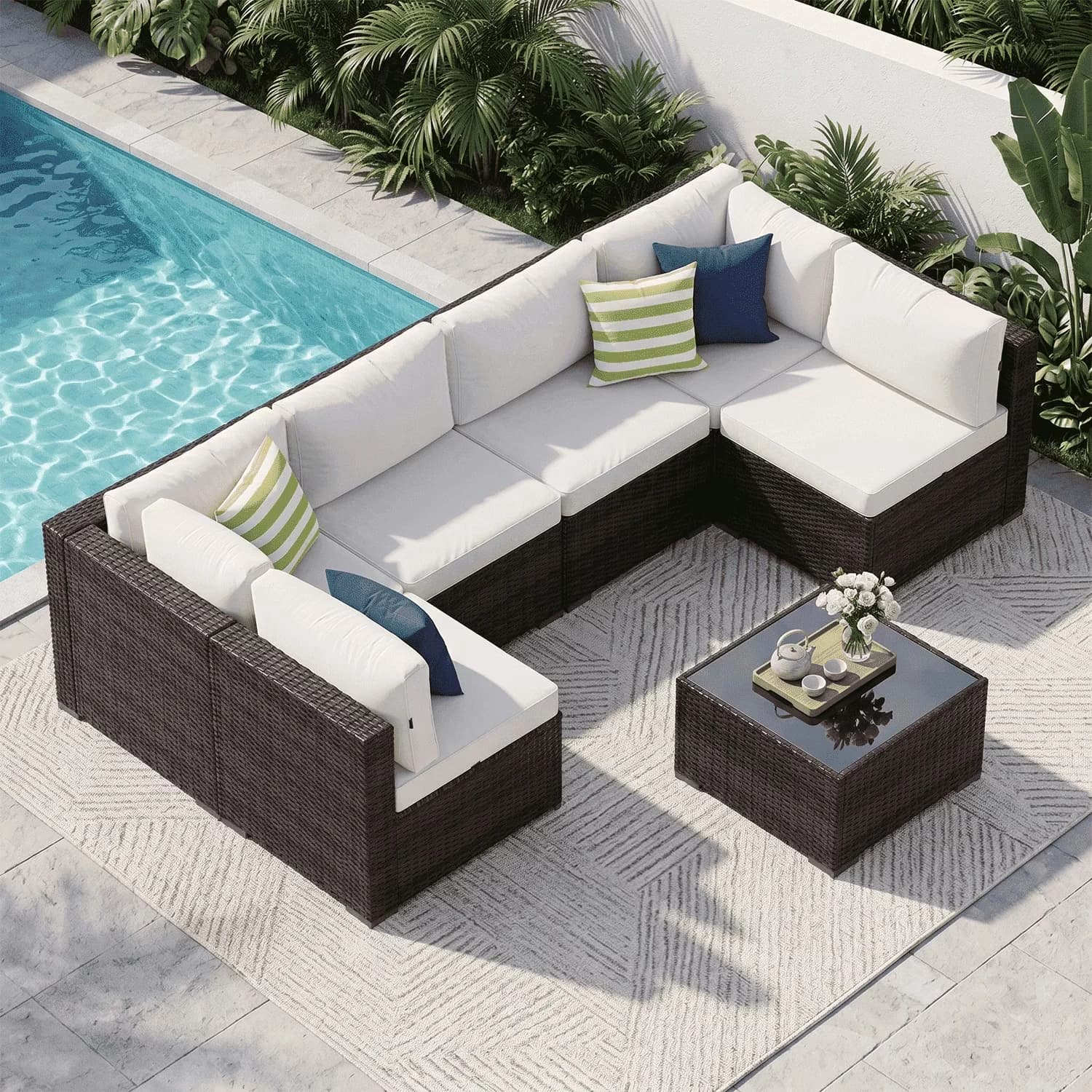 Professional Outdoor Sofas Sectional with Storage, Modern, Weather-Resistant - White Glass + Polyester + Sponge + Metal + Rattan Model F4479E