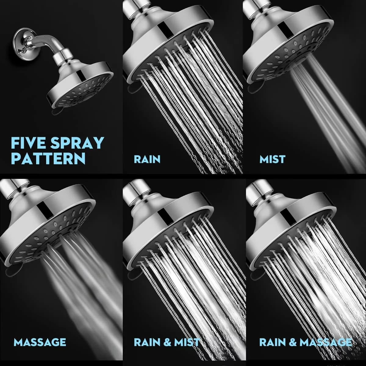 Durable Shower Head with Adjustable Angle, High Pressure, 5-Spray Settings Fixed Mount 4-Inch - Brass Model 0015DC