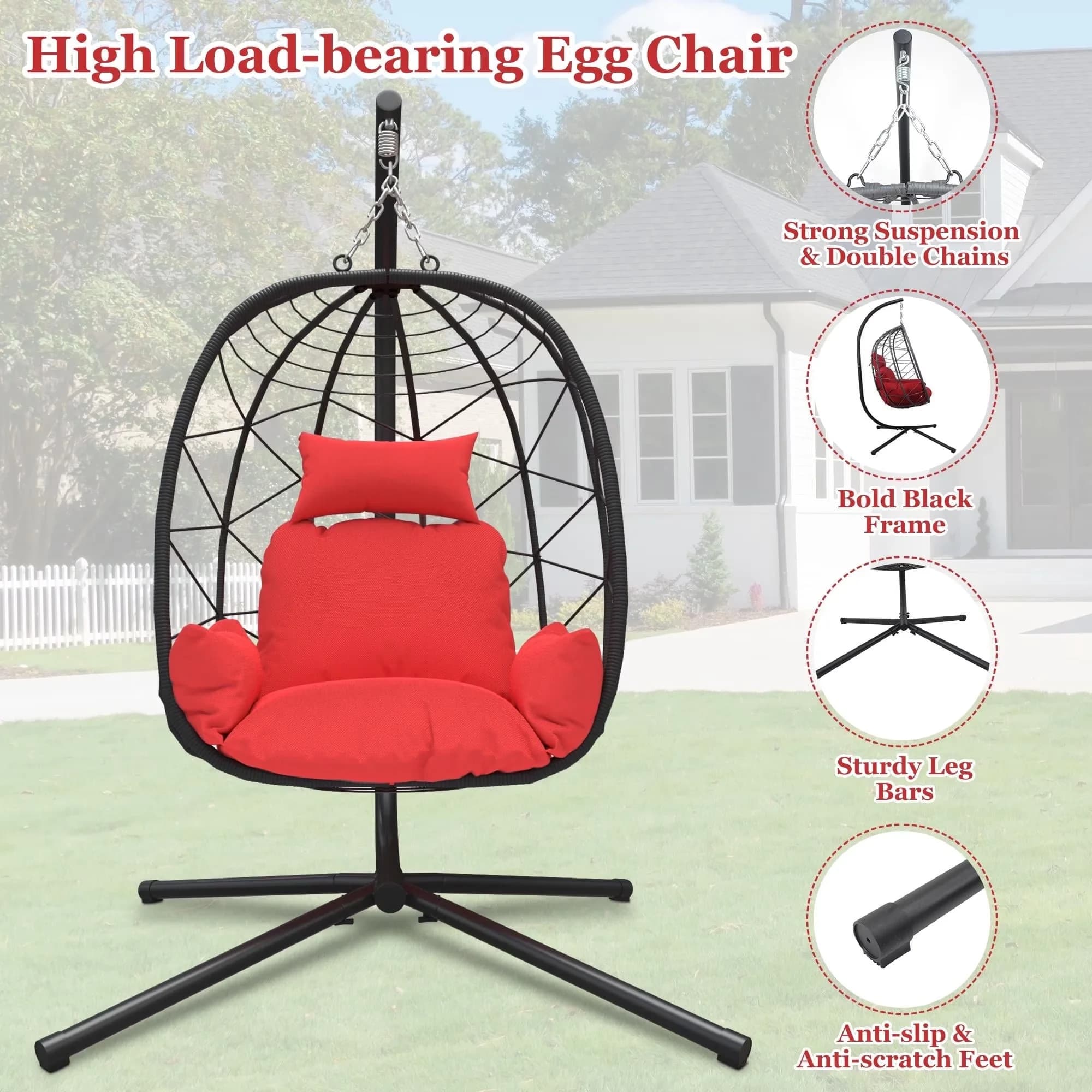 Stylish Patio Chair with Modern, Weather-Resistant, Wicker Egg Hanging - Steel Red Model 9294C1