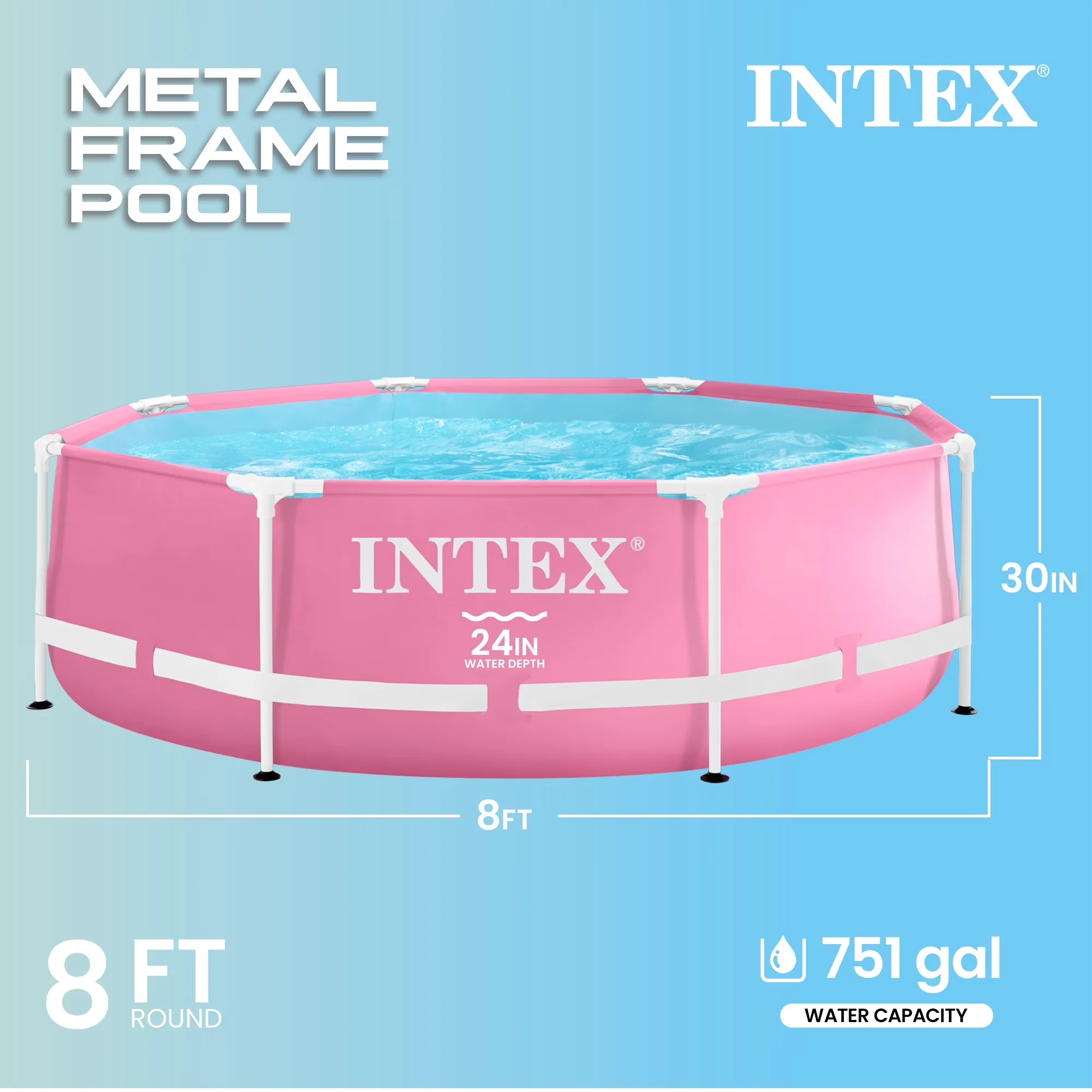 Above Ground Pool Modern with Puncture Resistant, Round Metal Frame 8ft x 30in Swimming - Pink Model 597BBA