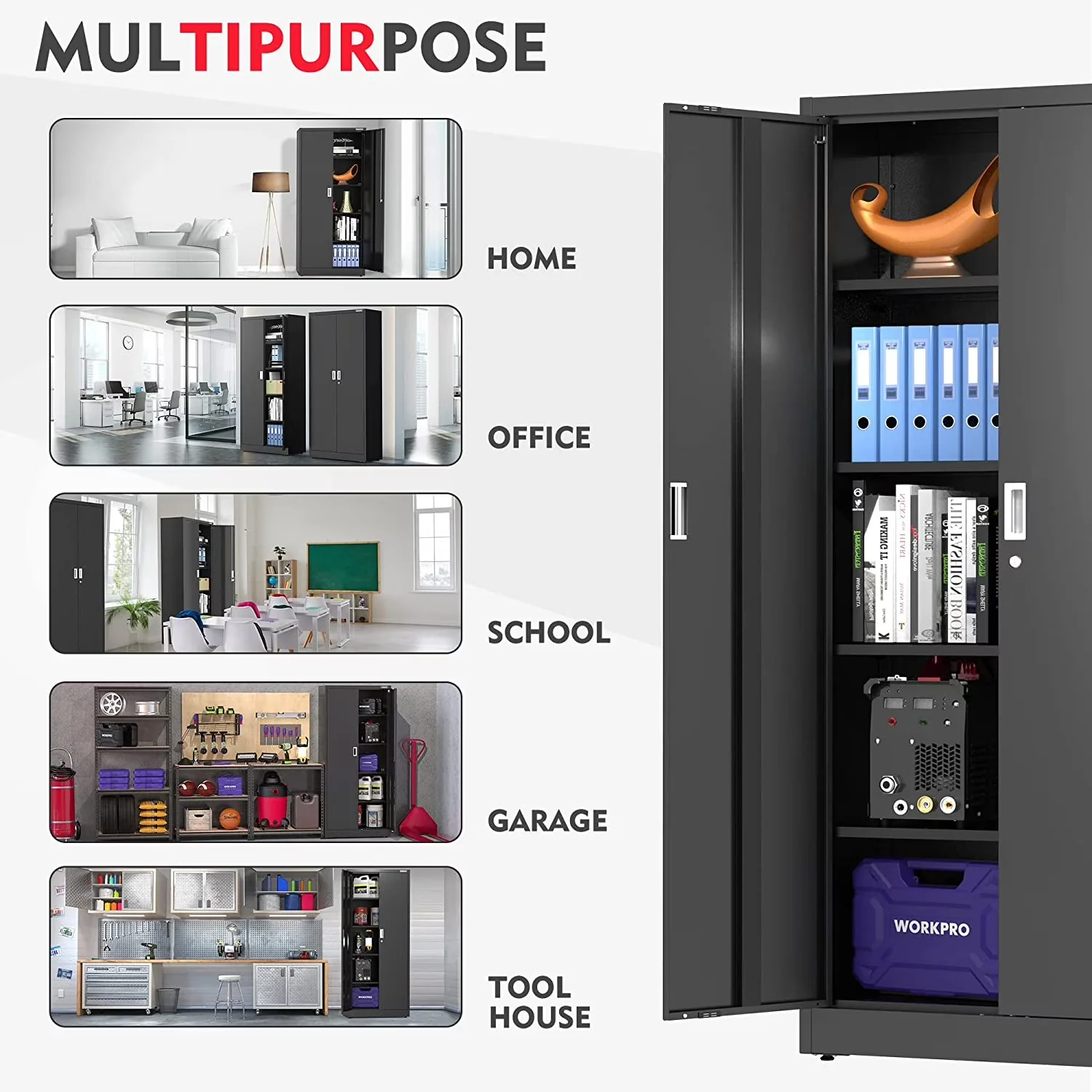 Reliable Garage Storage Supply with Adjustable Shelves, Adjustable Feet - Metal Black for Office, Home Model FD366E