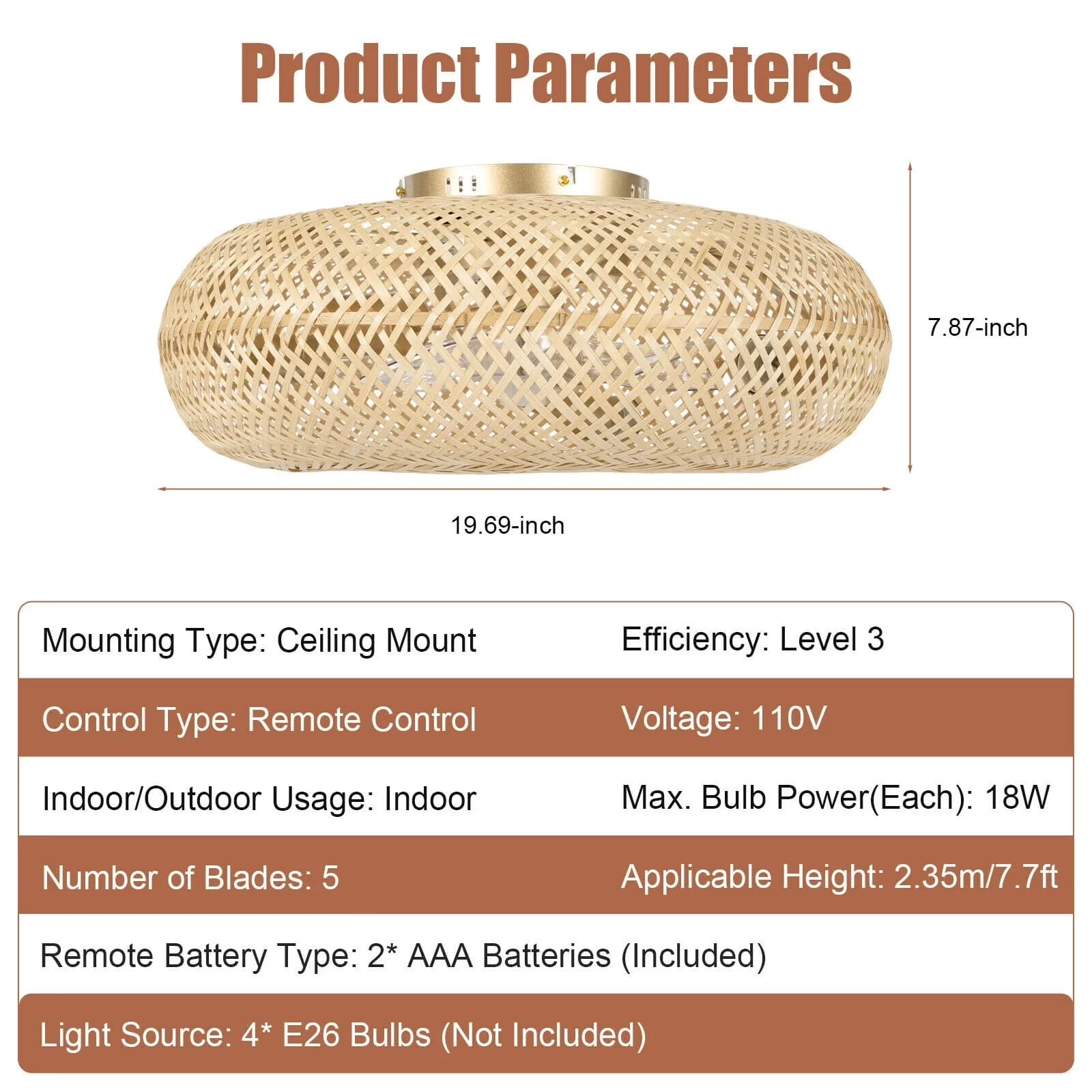 Professional Ceiling Fan with 110V, Remote Controlled - Woven Rattan Gold Model 3ADA6F