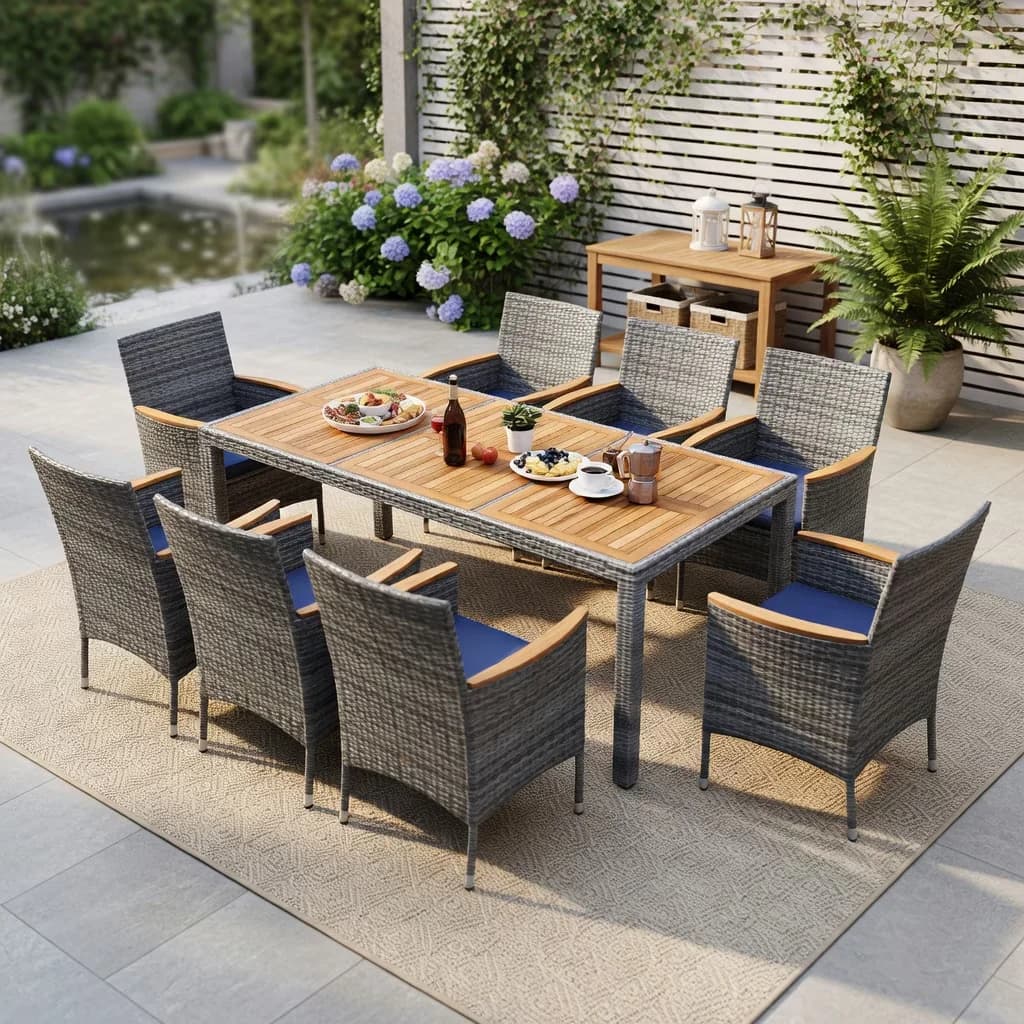 Patio Dining Set Durable with Color of Cushion:Off White/Navy, Color of PE Rattan:Mix Gray, 9 Pieces PE Wicker - Blue Pe Rattan,... Model 91052E