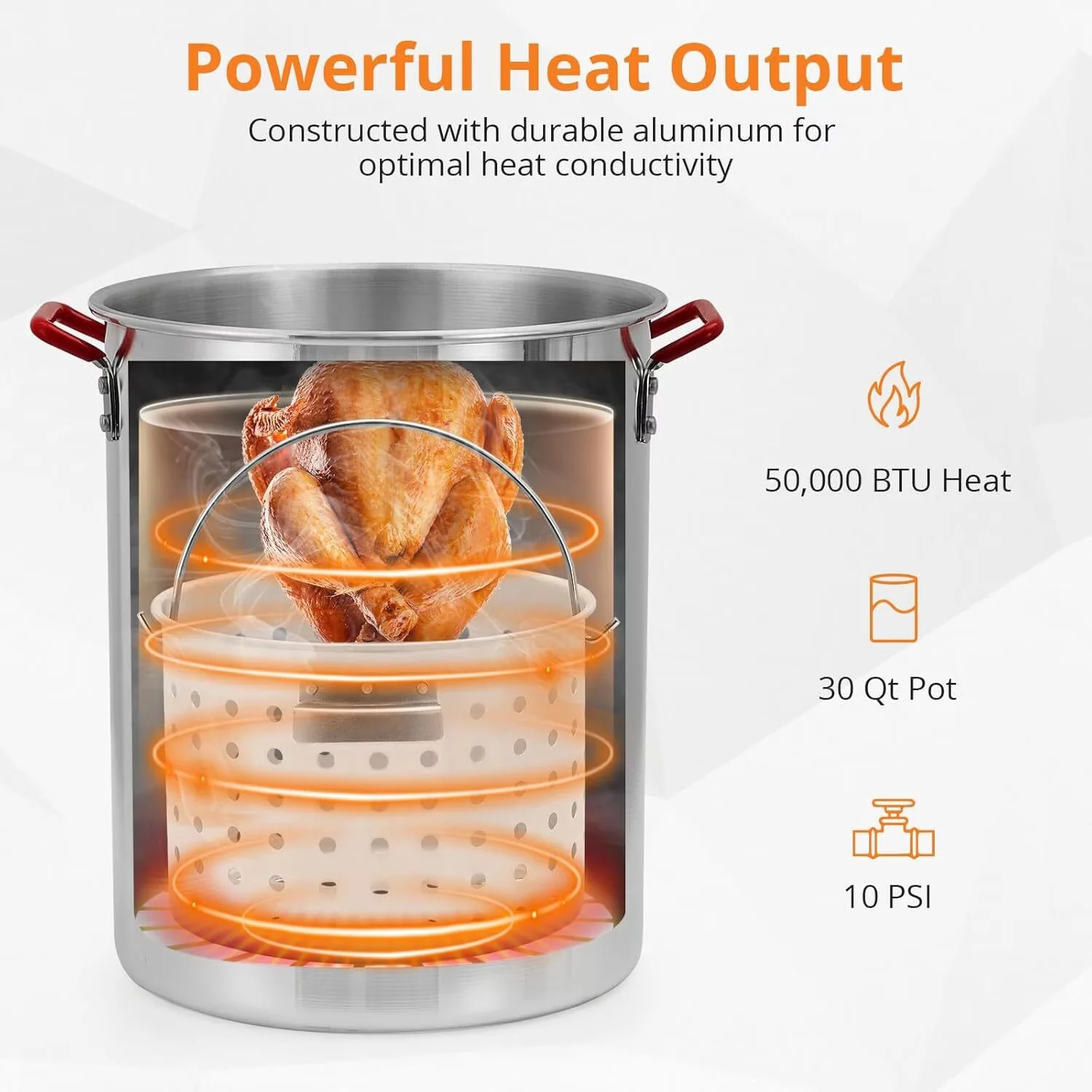 Outdoor Fryer Durable with 50000 BTU, Turkey Set, Thermometer - Iron & Aluminum Silver for Camping, Outdoor Model E0145D